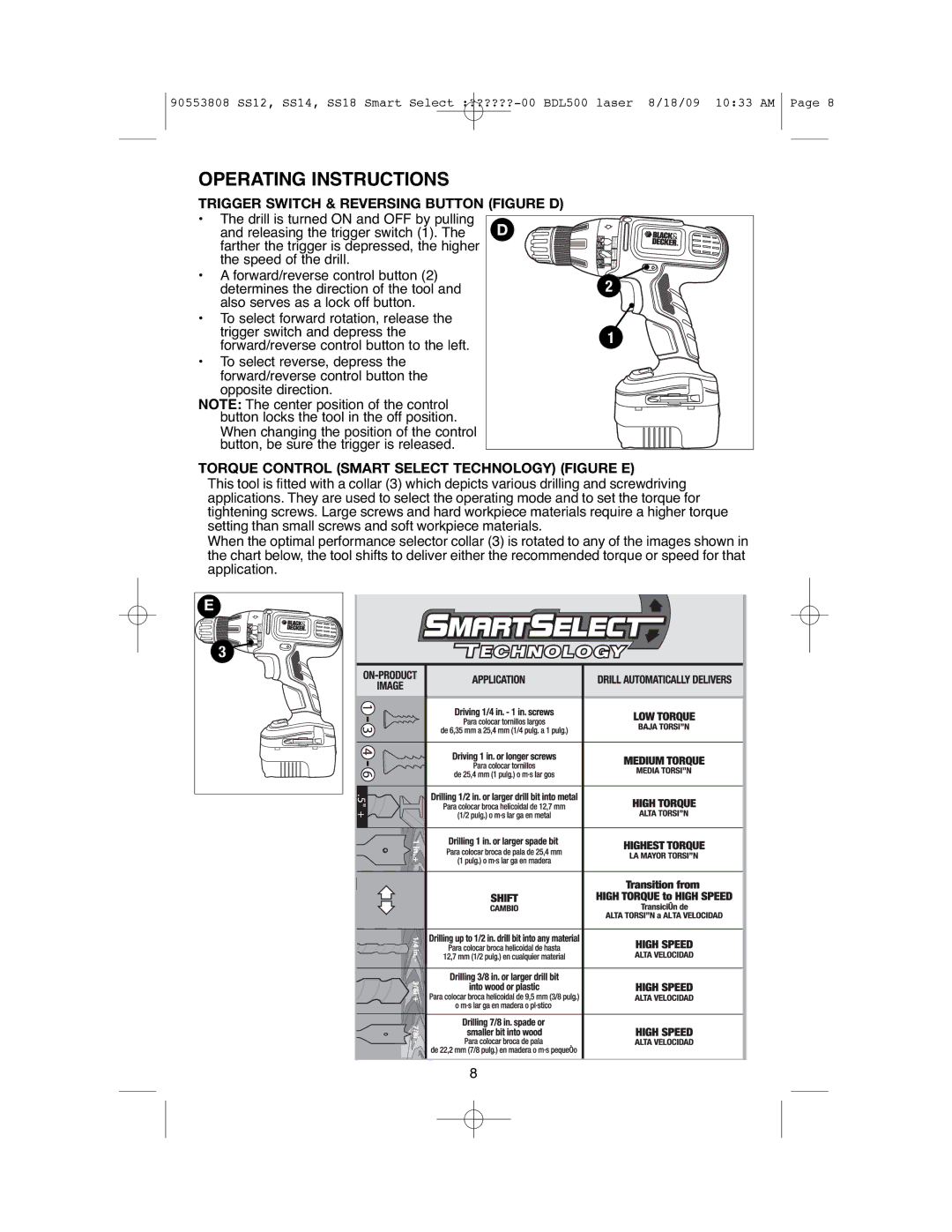 Black & Decker SS12C Trigger Switch & Reversing Button Figure D, Torque Control Smart Select Technology Figure E 