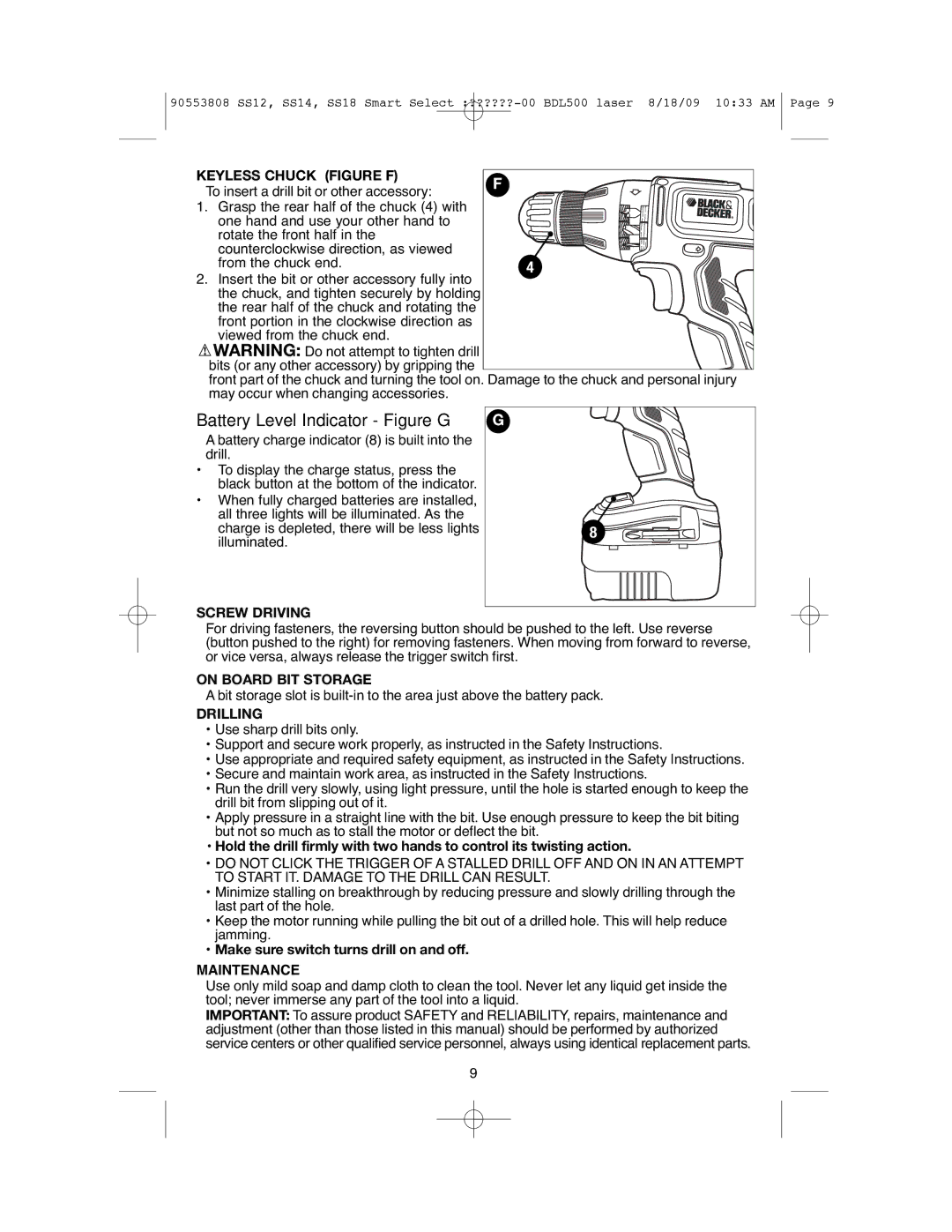 Black & Decker SS12C instruction manual Battery Level Indicator Figure G, Maintenance 