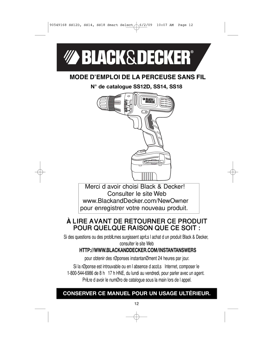 Black & Decker SS12D, SS18, SS14 instruction manual Merci d’avoir choisi Black & Decker Consulter le site Web 