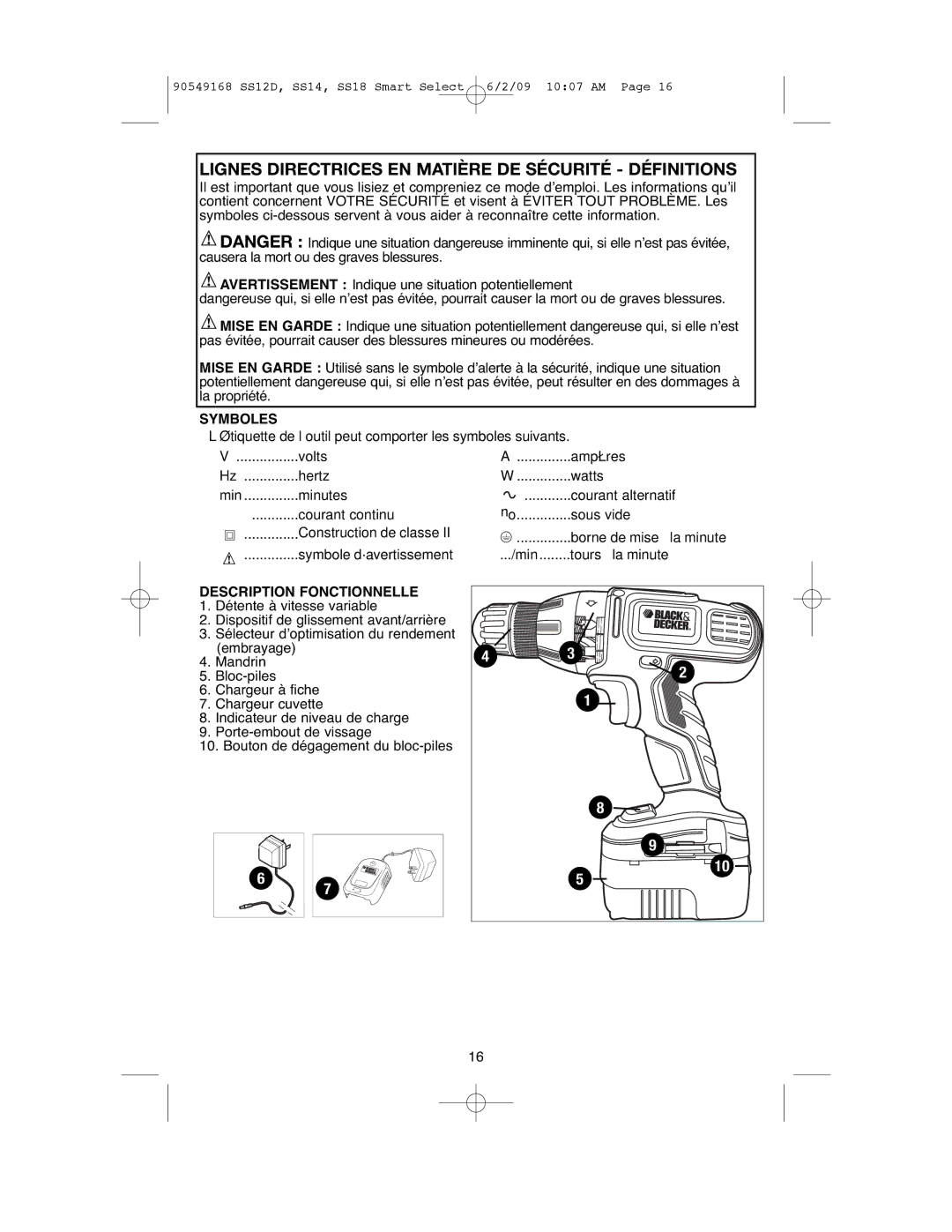 Black & Decker SS18, SS12D, SS14 Lignes Directrices EN Matière DE Sécurité Définitions, Symboles, Description Fonctionnelle 