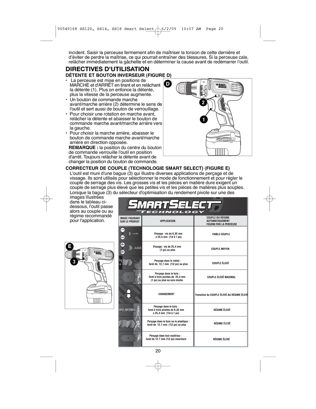 Black & Decker SS14, SS12D Détente ET Bouton Inverseur Figure D, Correcteur DE Couple Technologie Smart Select Figure E 