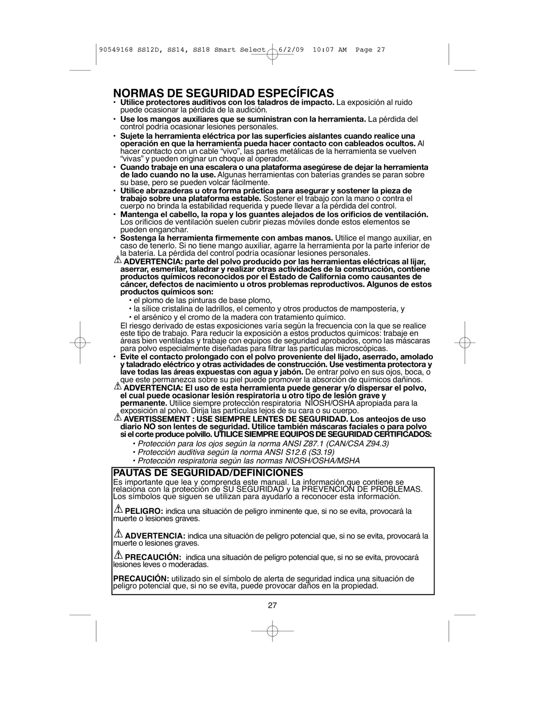 Black & Decker SS12D, SS18, SS14 instruction manual Normas DE Seguridad Específicas, Pautas DE SEGURIDAD/DEFINICIONES 