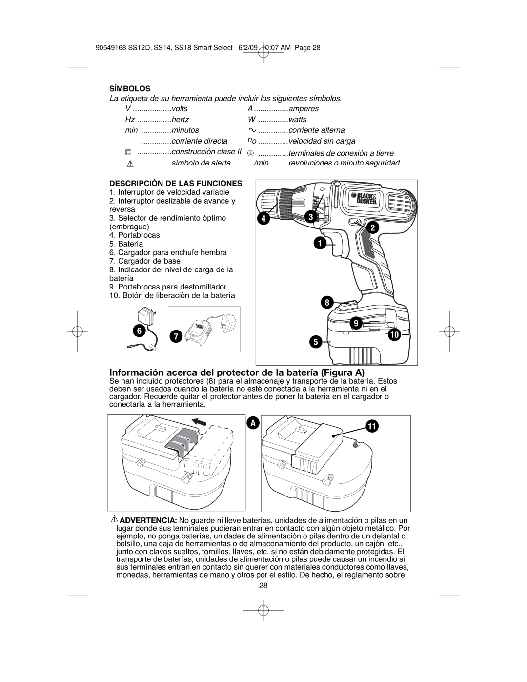 Black & Decker SS18, SS12D Información acerca del protector de la batería Figura a, Símbolos, Descripción DE LAS Funciones 