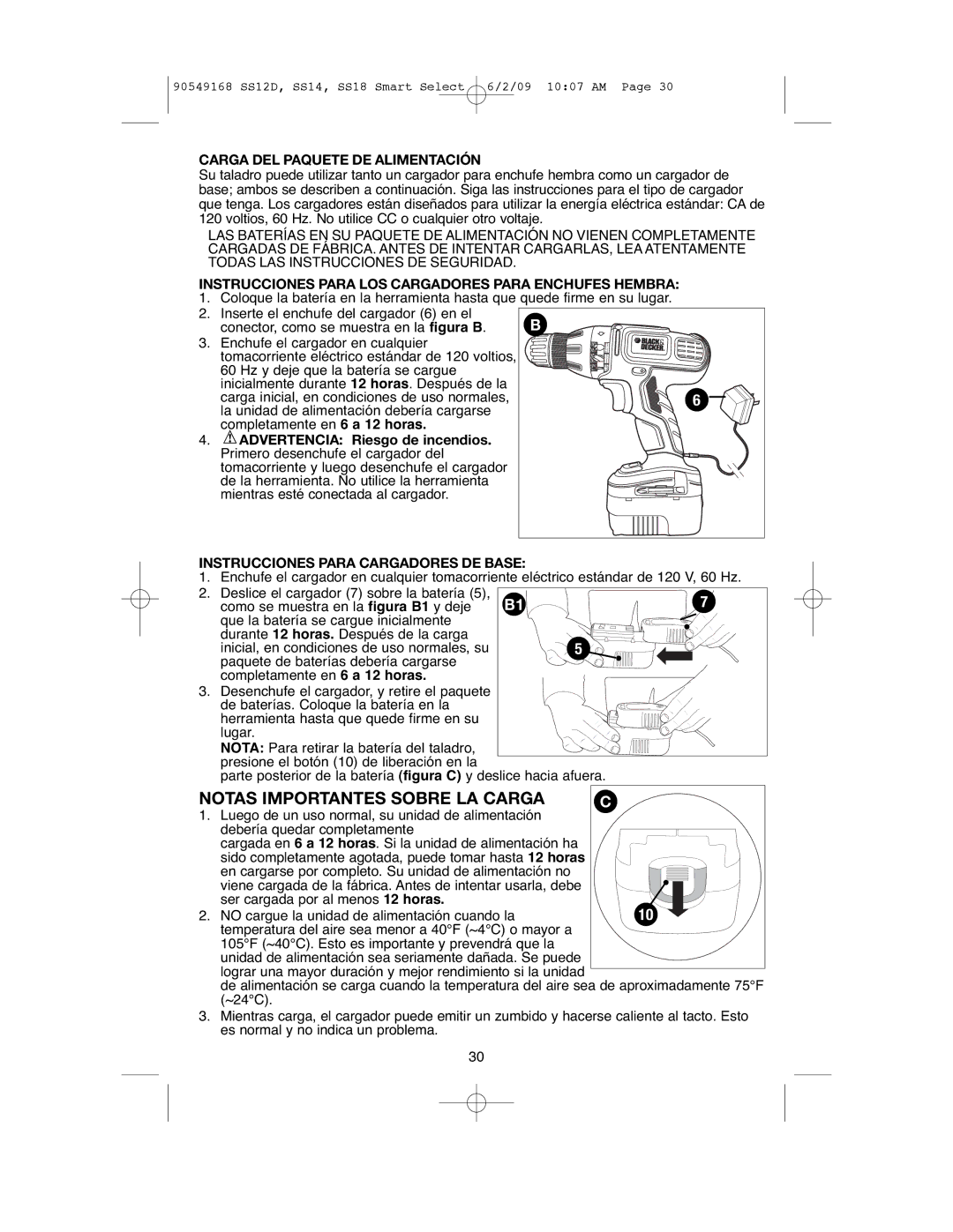 Black & Decker SS12D, SS18, SS14 instruction manual Notas Importantes Sobre LA Carga, Carga DEL Paquete DE Alimentación 