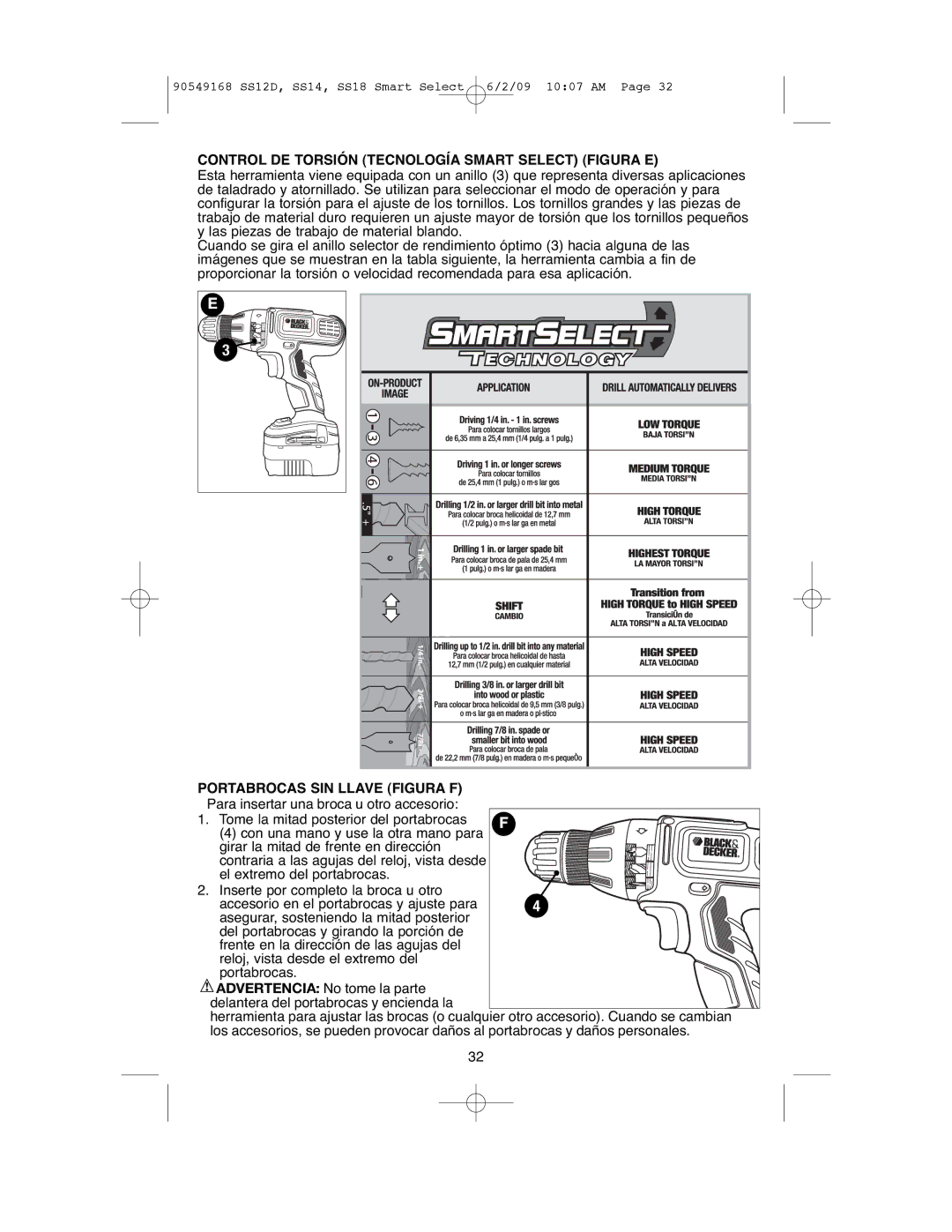 Black & Decker SS14, SS12D, SS18 Control DE Torsión Tecnología Smart Select Figura E, Portabrocas SIN Llave Figura F 