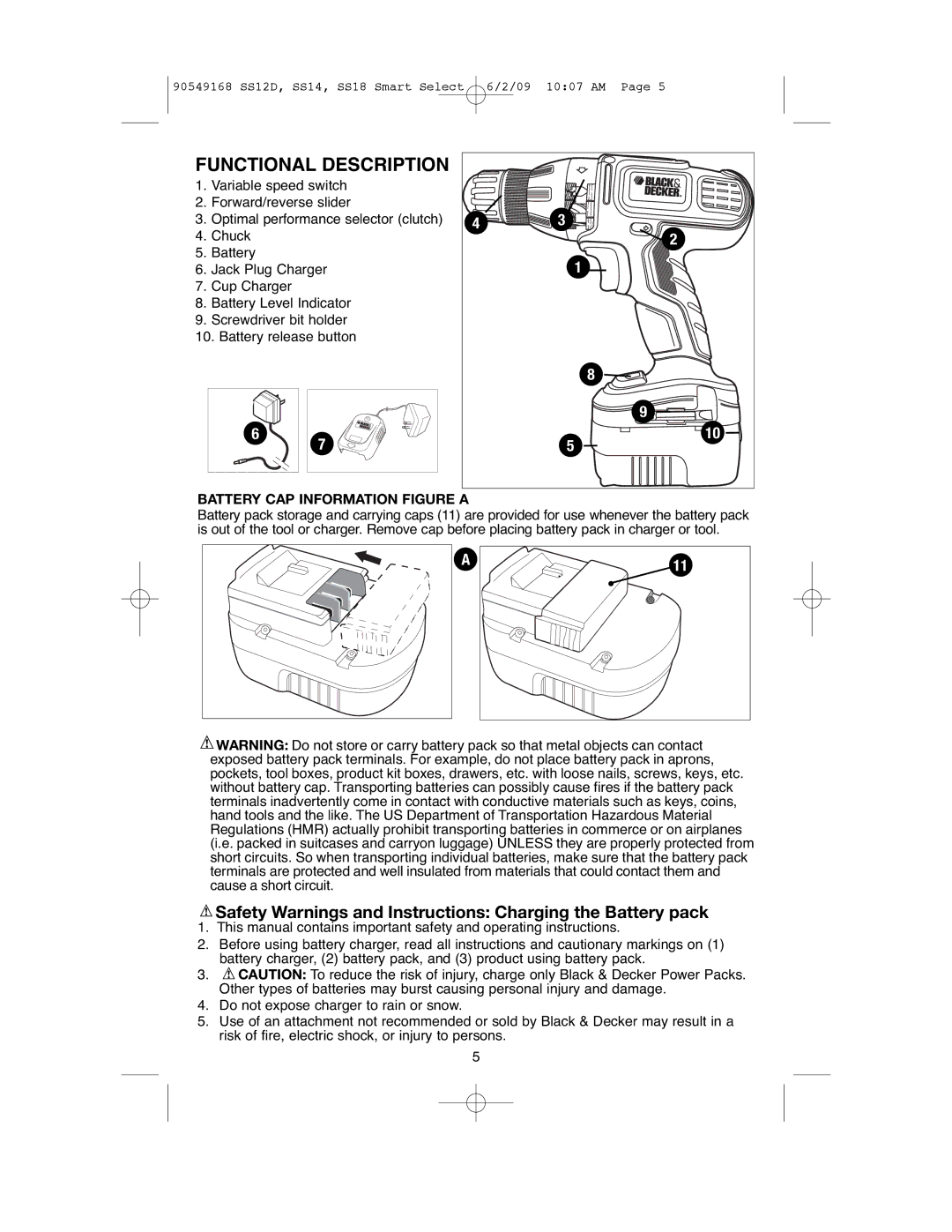 Black & Decker SS14, SS12D Safety Warnings and Instructions Charging the Battery pack, Battery CAP Information Figure a 