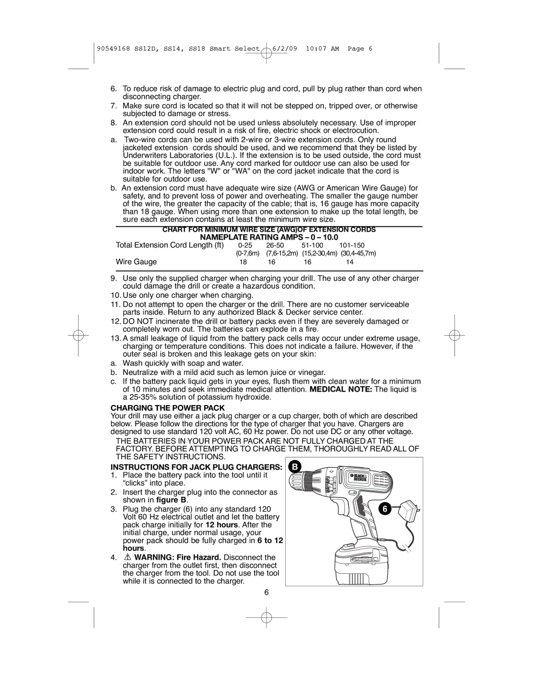 Black & Decker SS12D, SS18, SS14 Nameplate Rating Amps 0, Charging the Power Pack, Instructions for Jack Plug Chargers B 