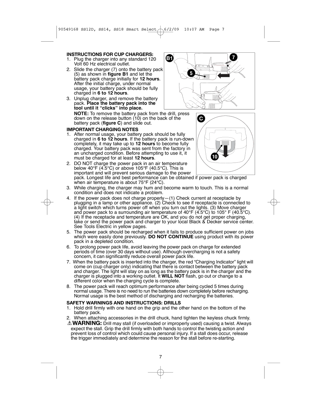 Black & Decker SS18, SS14 Instructions for CUP Chargers, Important Charging Notes, Safety Warnings and Instructions Drills 