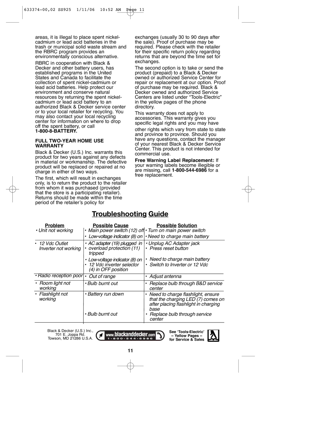 Black & Decker SS925 instruction manual Troubleshooting Guide, Full TWO-YEAR Home USE Warranty 