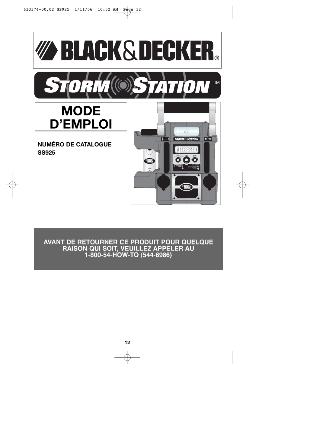 Black & Decker SS925 instruction manual Mode ’EMPLOI 