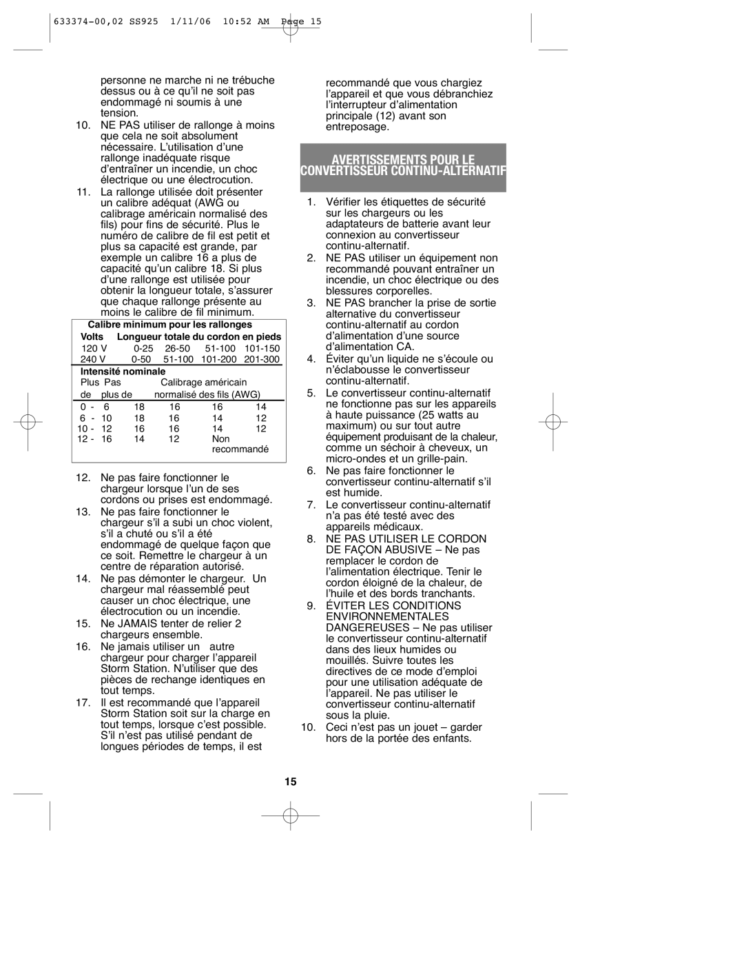 Black & Decker SS925 instruction manual Avertissements Pour LE Convertisseur CONTINU-ALTERNATIF, Intensité nominale 