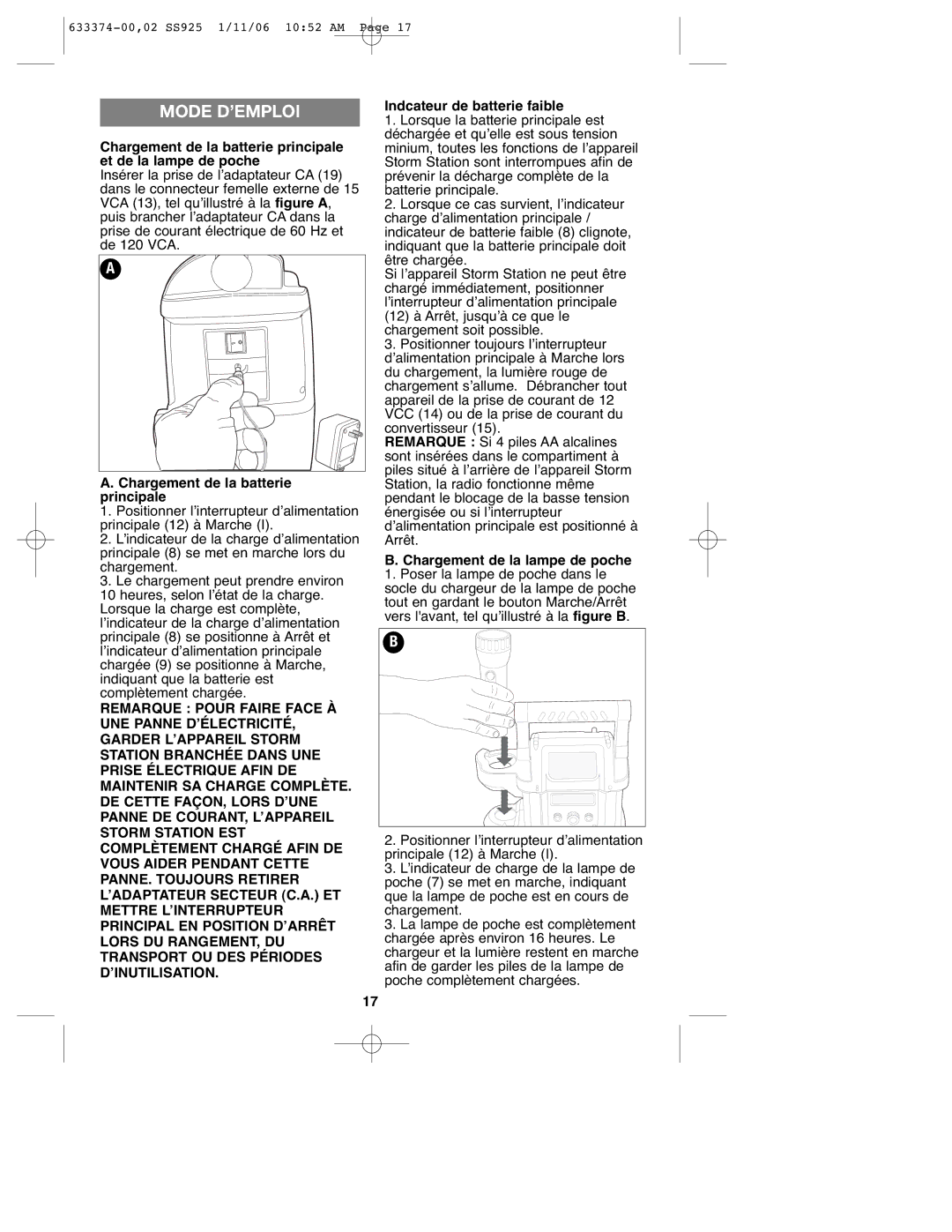 Black & Decker SS925 instruction manual Mode D’EMPLOI, Chargement de la batterie principale, Indcateur de batterie faible 