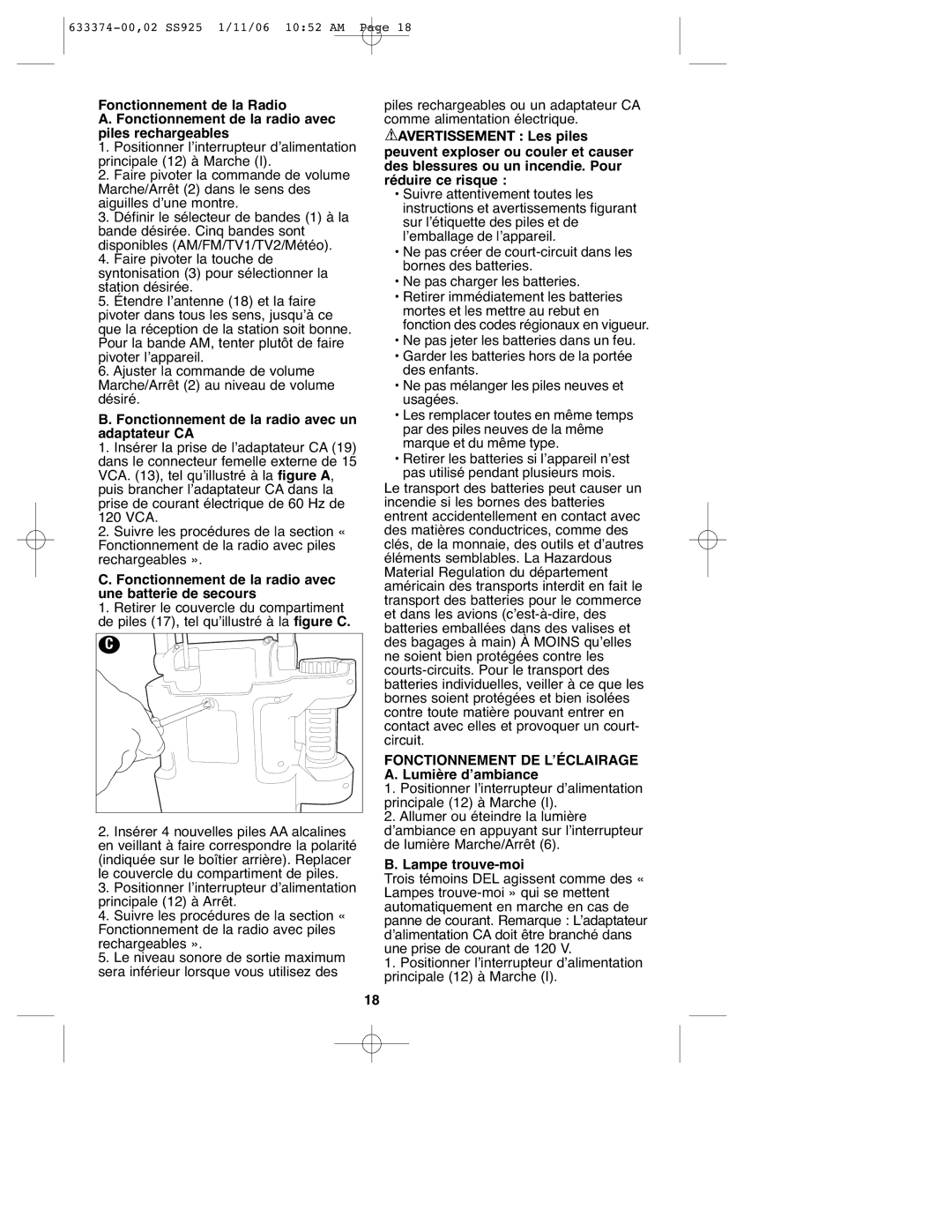 Black & Decker SS925 Fonctionnement de la radio avec un adaptateur CA, Fonctionnement DE L’ÉCLAIRAGE A. Lumière d’ambiance 