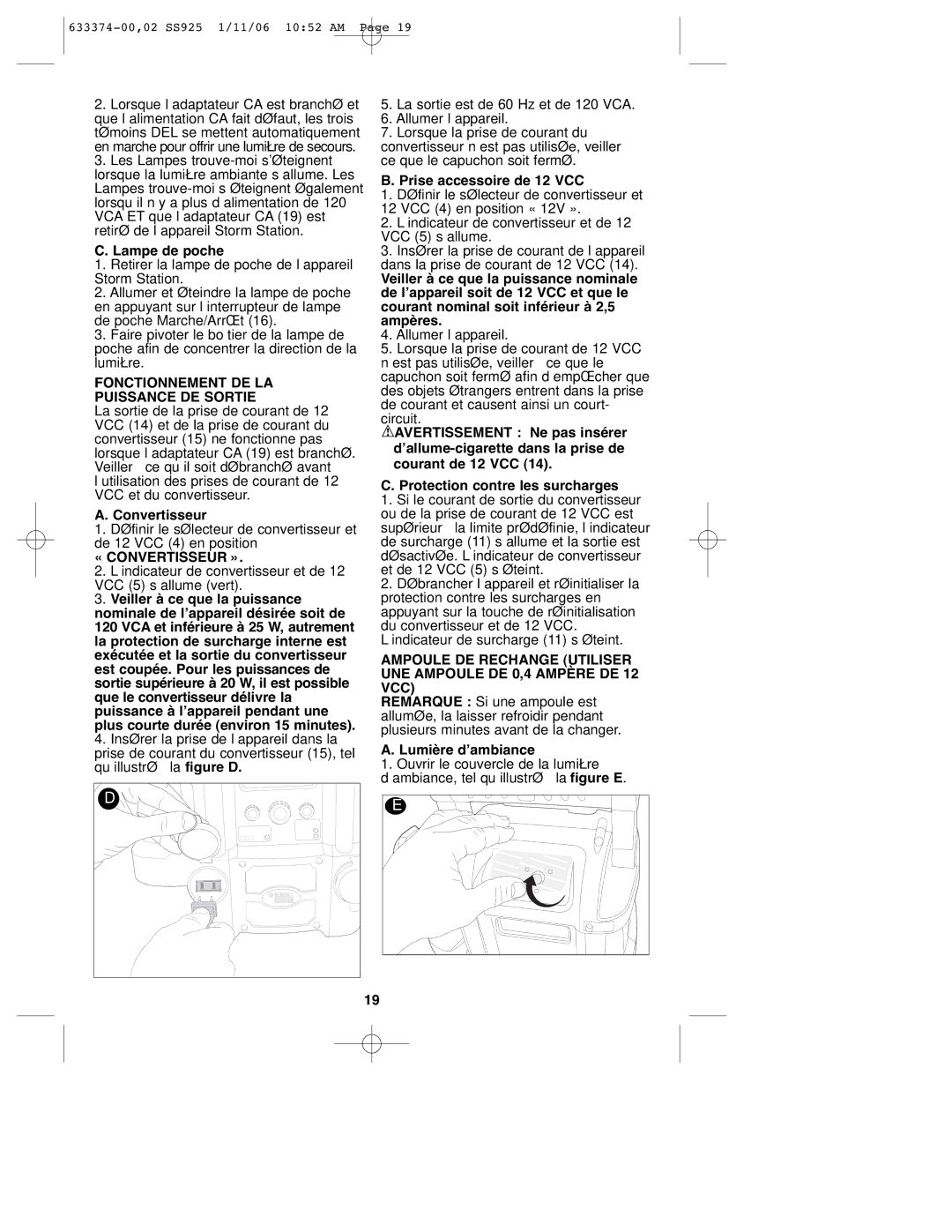 Black & Decker SS925 instruction manual Fonctionnement DE LA Puissance DE Sortie, « Convertisseur » 