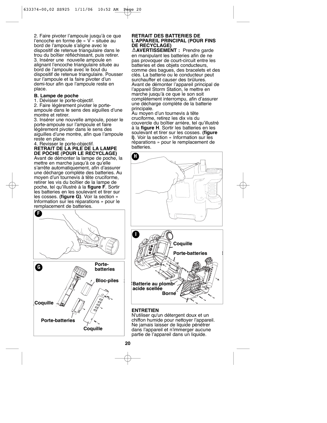 Black & Decker SS925 instruction manual Avertissement Prendre garde, Batterie au plomb, Acide scellée, Borne, Entretien 