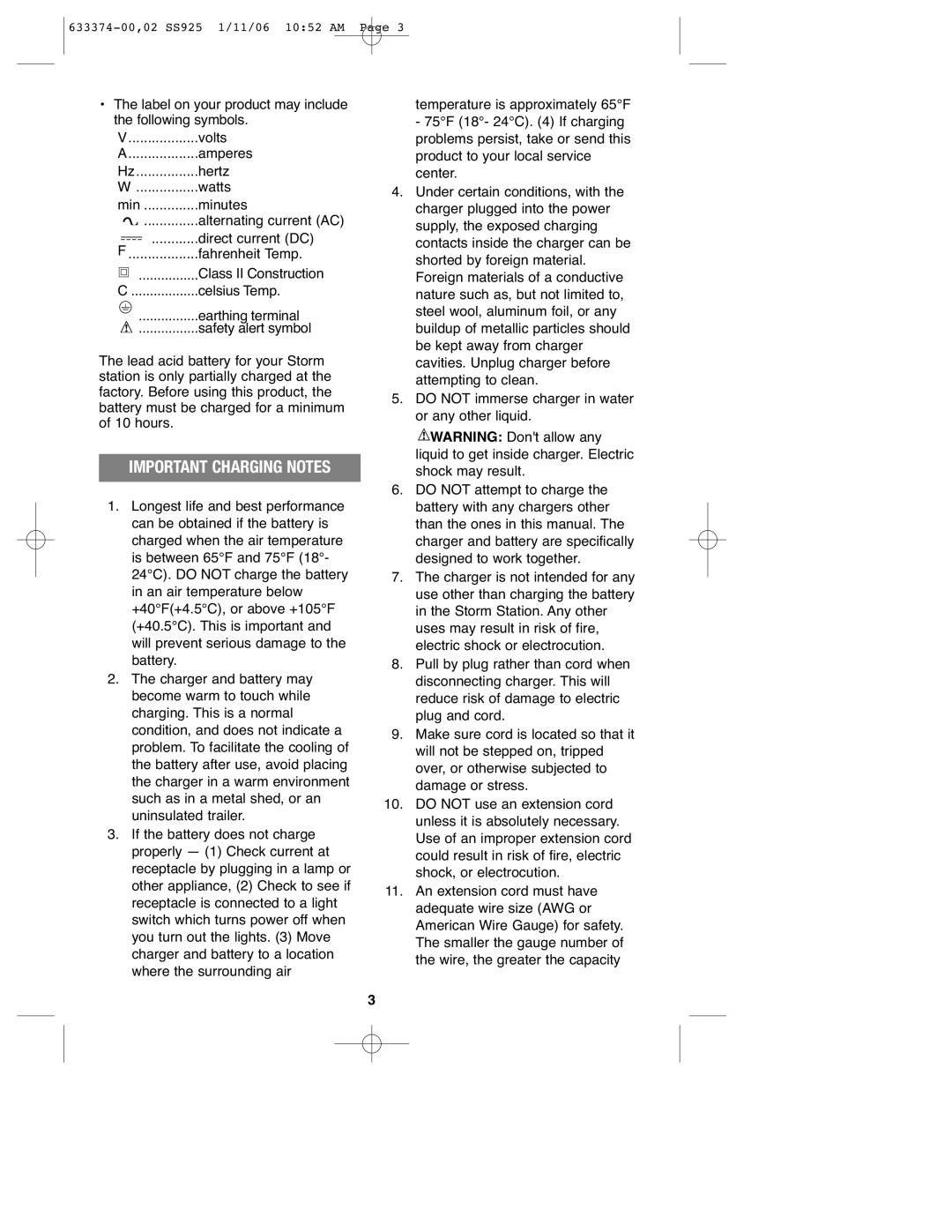 Black & Decker SS925 instruction manual Important Charging Notes 