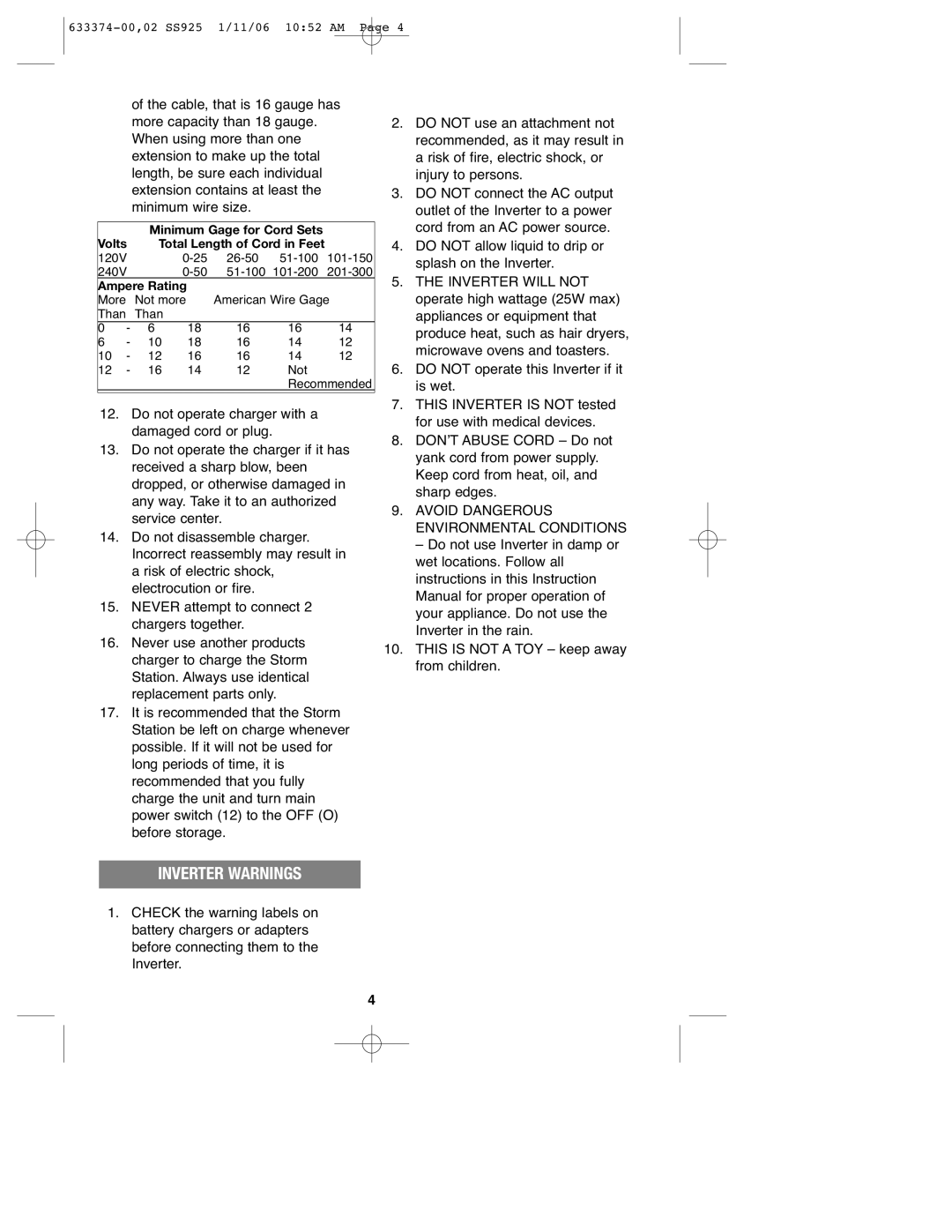 Black & Decker SS925 instruction manual Inverter Warnings 