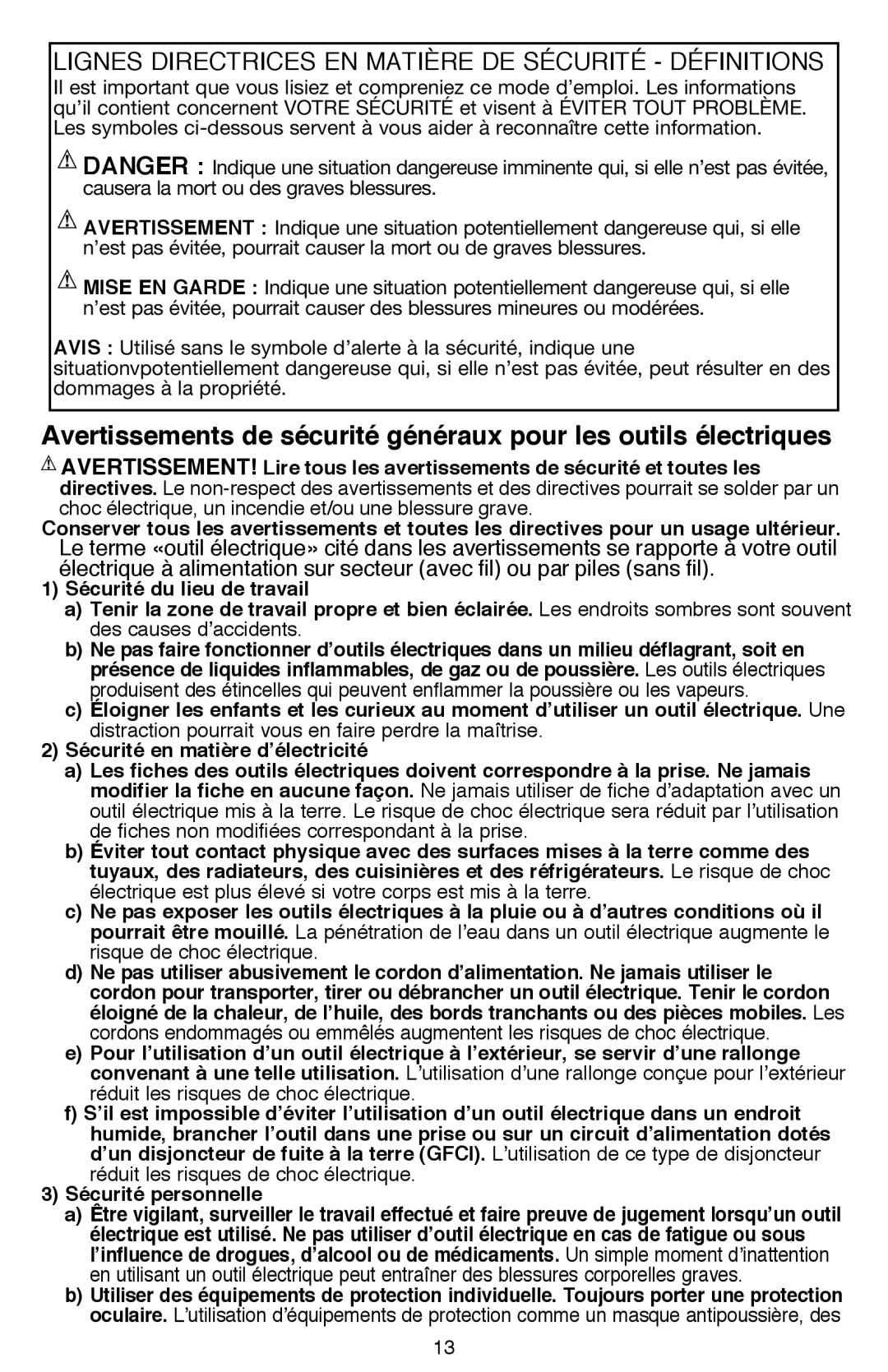 Black & Decker SSL16 (16V MAX*), SSL20SBR instruction manual Lignes directrices en matière de sécurité définitions 