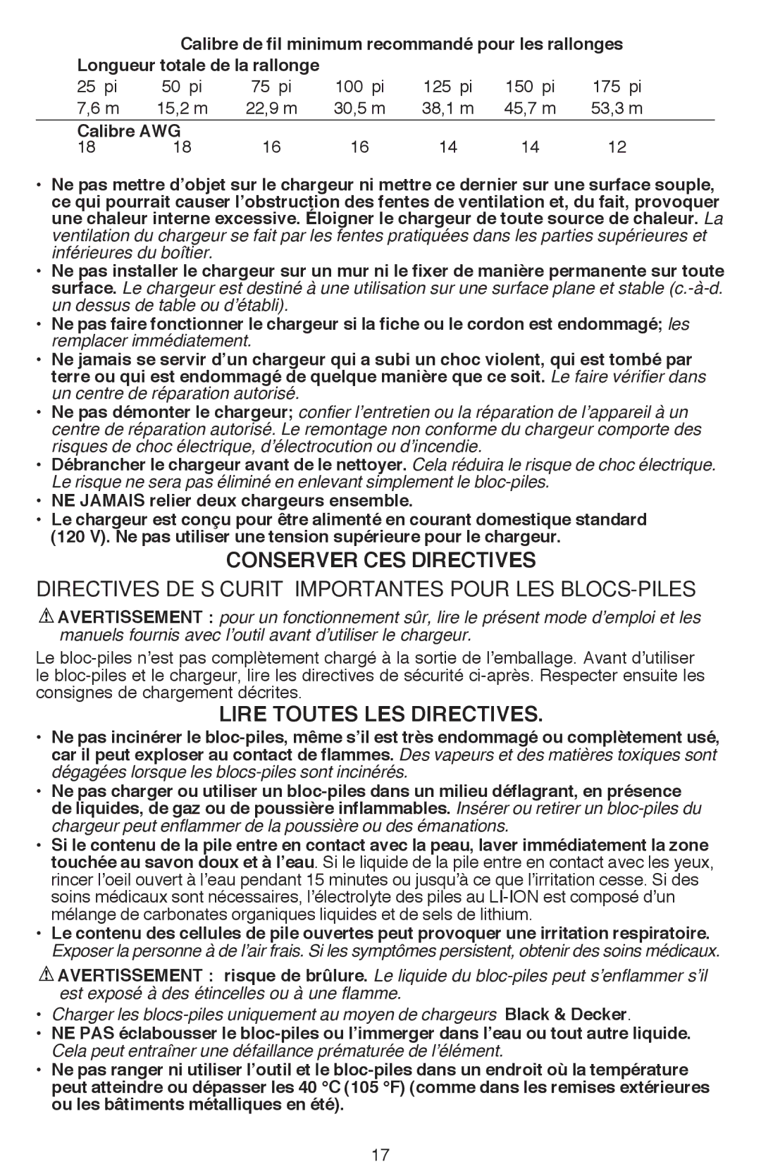 Black & Decker SSL20, SSL16 Lire toutes les directives, Calibre de fil minimum recommandé pour les rallonges, 25 pi 