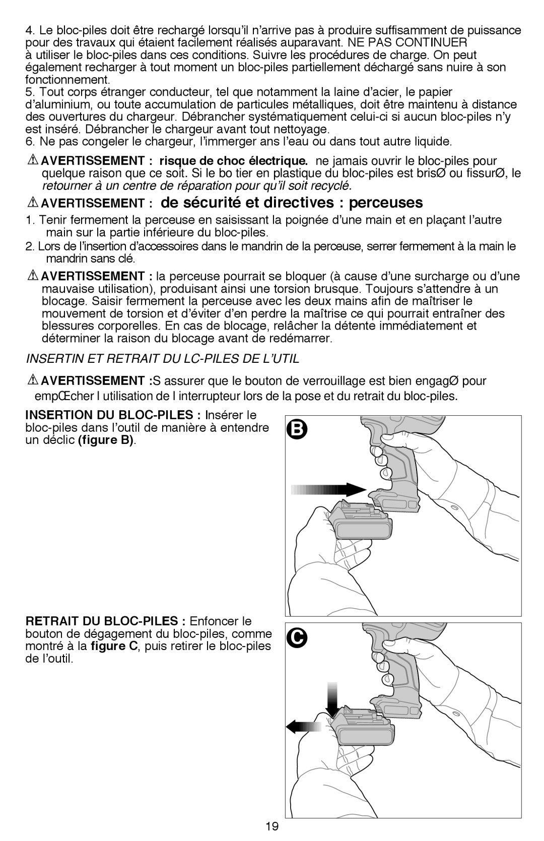 Black & Decker SSL20SBR Avertissement de sécurité et directives perceuses, Insertion et retrait du bloc-piles de l’outil 