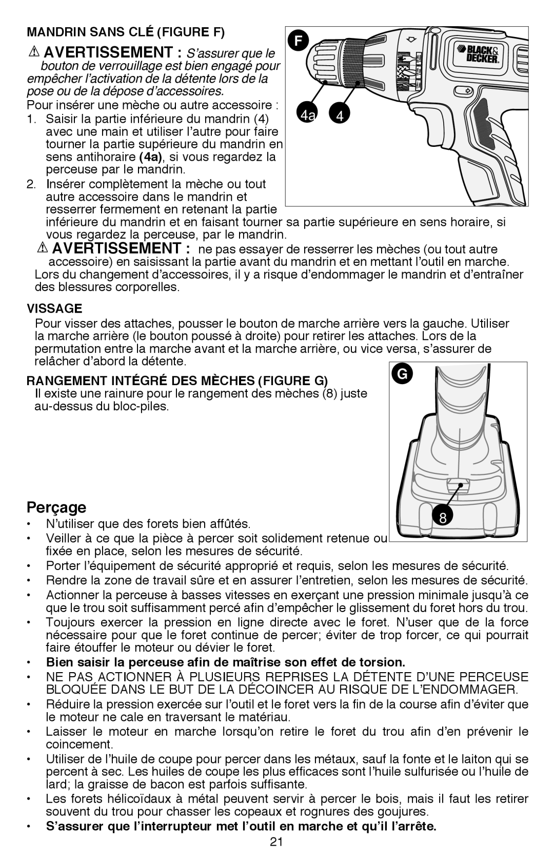 Black & Decker SSL16 (16V MAX*), SSL20SBR instruction manual Perçage, Vissage, Rangement intégré des mèches Figure G 