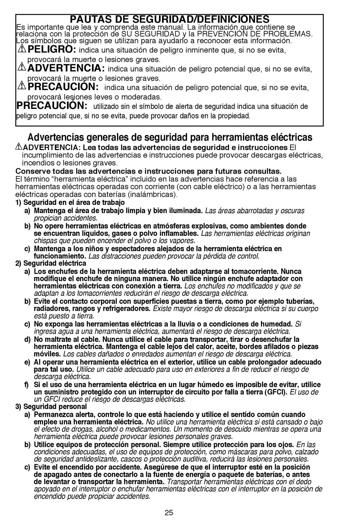 Black & Decker SSL16 (16V MAX*), SSL20SBR instruction manual Pautas DE SEGURIDAD/DEFINICIONES, Seguridad eléctrica 