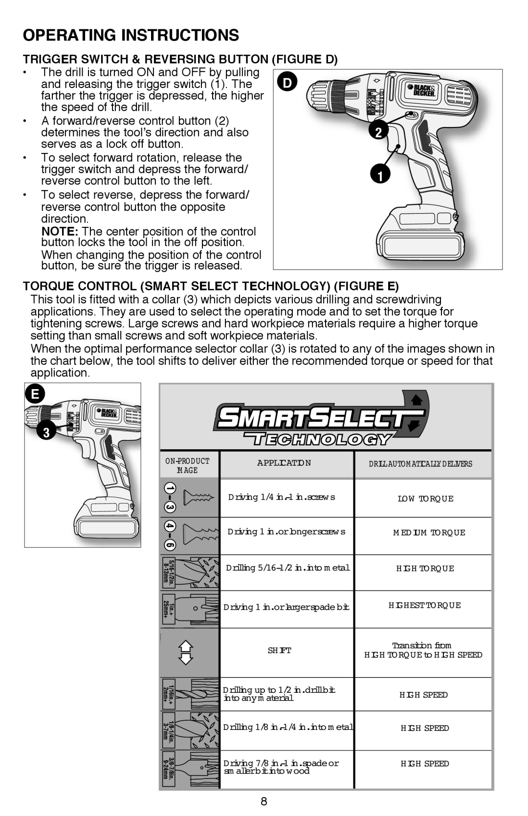 Black & Decker SSL16, SSL20 Trigger Switch & Reversing Button Figure D, Torque Control smart select technology Figure E 