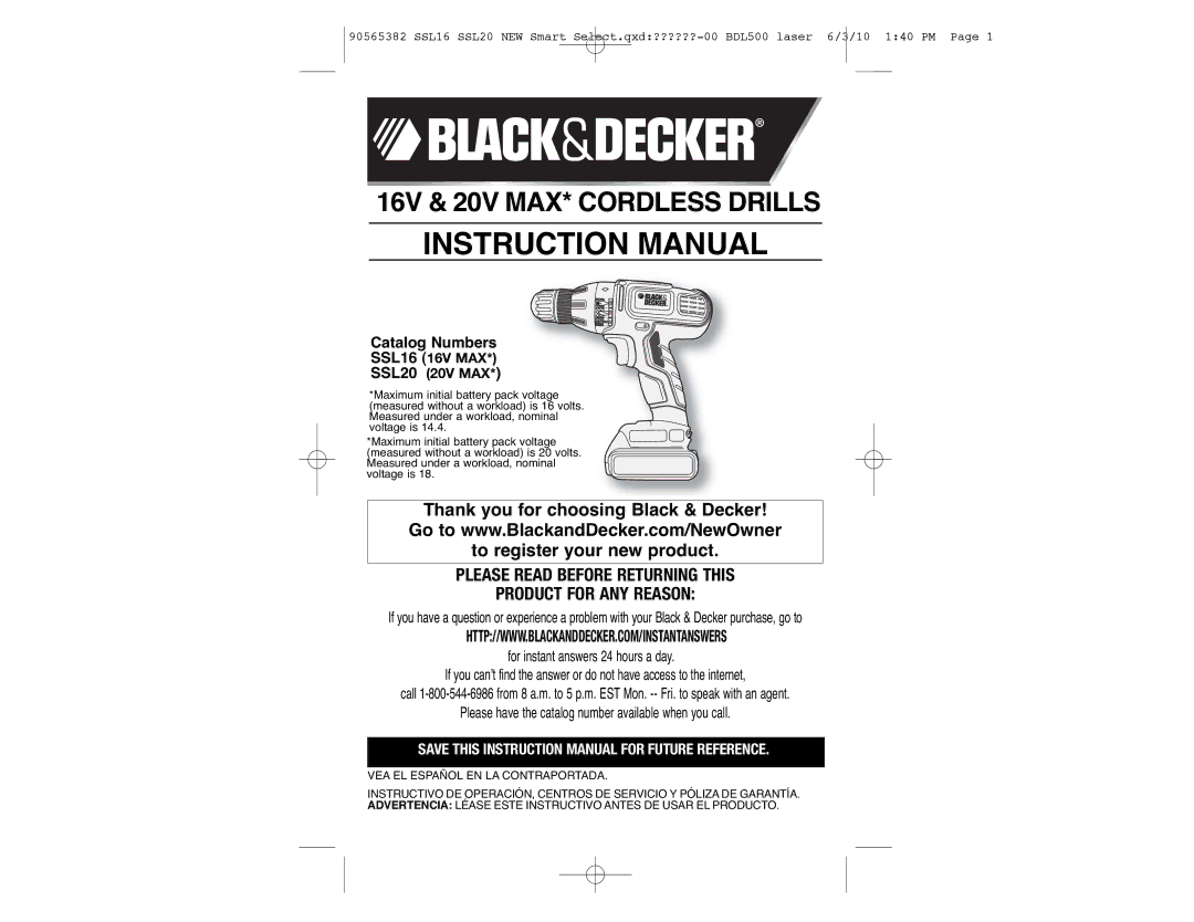 Black & Decker instruction manual 16V & 20V MAX* Cordless Drills, SSL16 16V MAX SSL20 20V MAX 