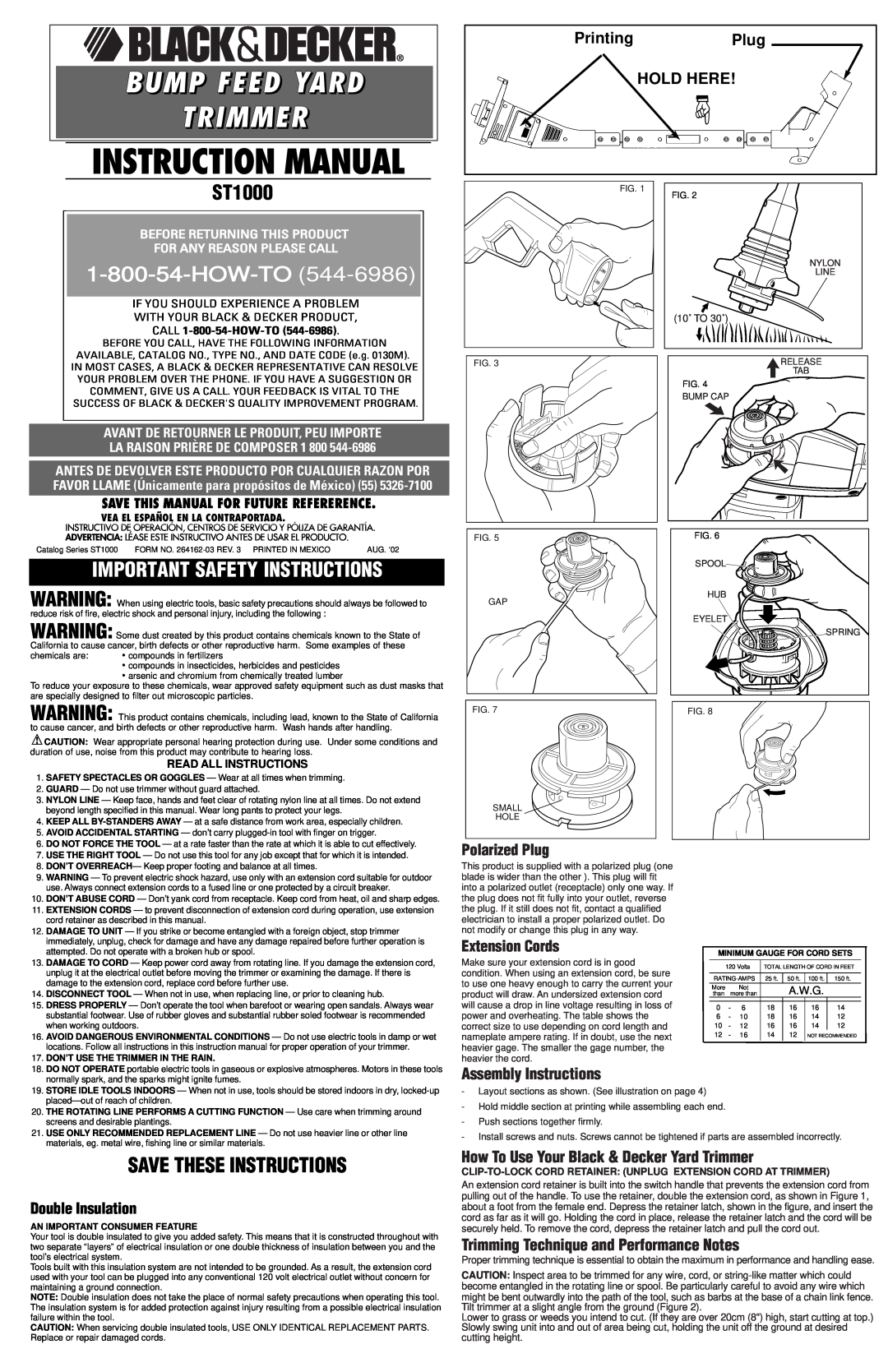 Black & Decker ST1000 instruction manual Printing Plug HOLD HERE, Double Insulation, Read All Instructions, How-To, A.W.G 