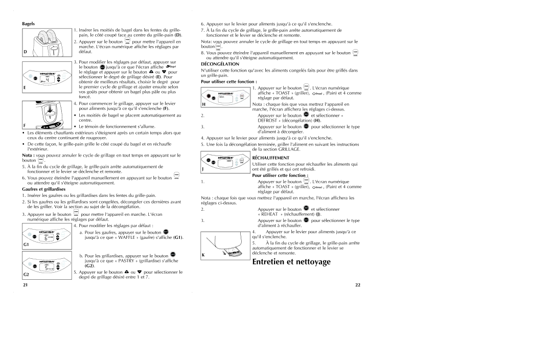 Black & Decker ST2000 Entretien et nettoyage, Bagels, Décongélation, Pour utiliser cette fonction, Gaufres et grillardises 