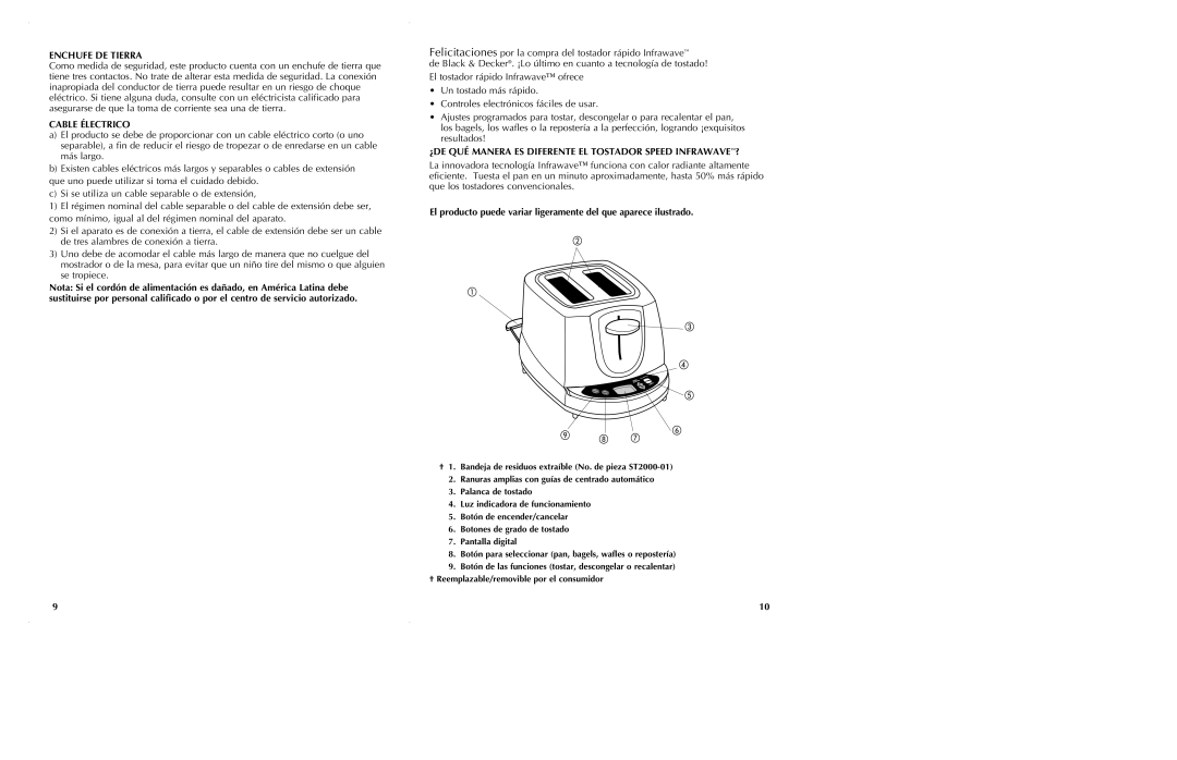 Black & Decker ST2000 manual Enchufe DE Tierra, Cable Électrico, ¿DE QUÉ Manera ES Diferente EL Tostador Speed INFRAWAVE? 