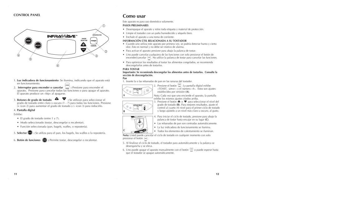 Black & Decker ST2000 manual Como usar, Control Panel, Interruptor para encender o cancelar, Botones de grado de tostado 