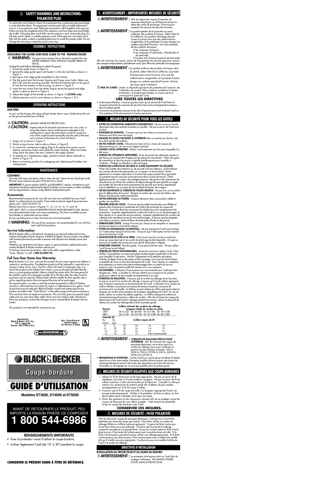 Black & Decker ST3000 / ST4000 /ST5000 Avertissement Importantes Mesures DE Sécurité, Mesures DE Sécurité Fiche Polarisée 