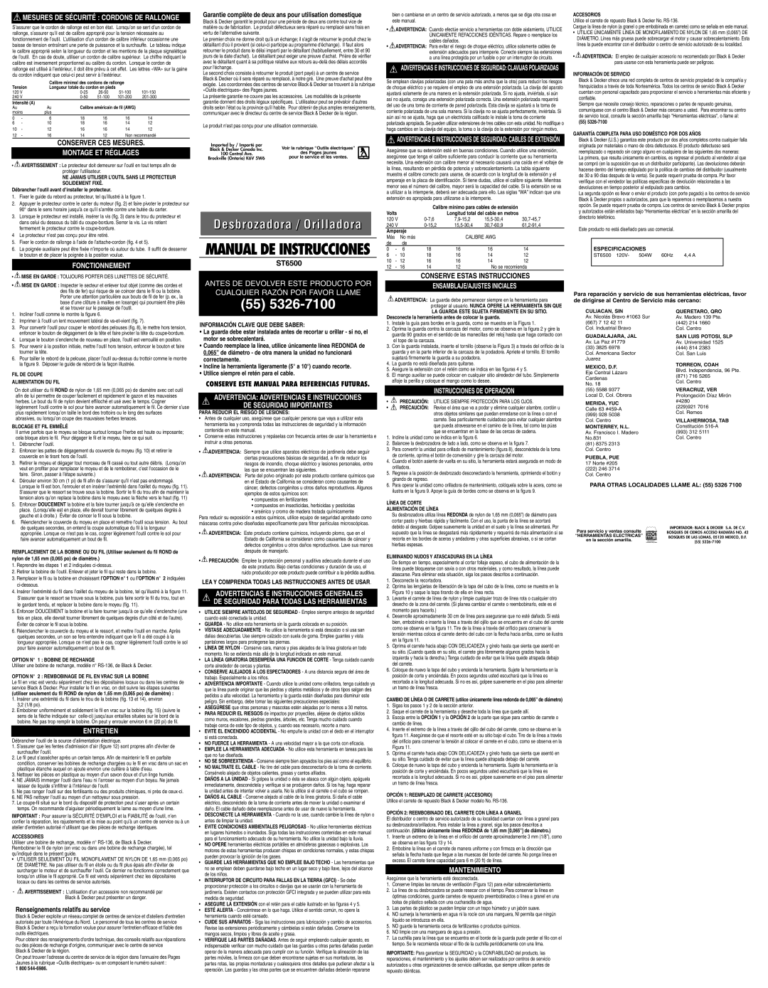 Black & Decker ST6500 Montage ET Réglages, Fonctionnement, Entretien, DE Seguridad Importantes, Instrucciones DE Operacion 