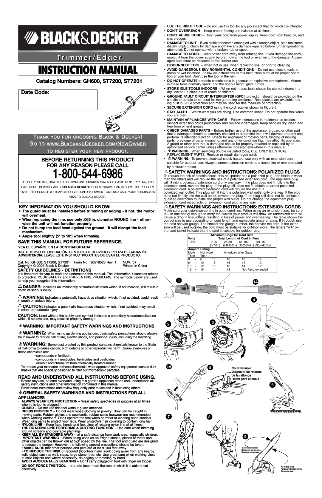 Black & Decker instruction manual Catalog Numbers GH600, ST7200, ST7201 Date Code, Before Returning This Product 
