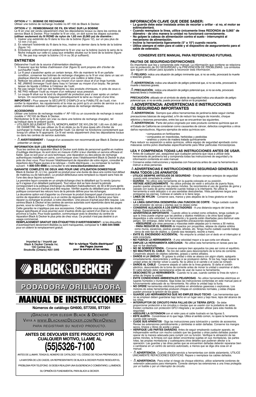 Black & Decker ST7201, ST7200 555326-7100, Antes De Devolver Este Producto Por, Cualquier Motivo, Llame Al, Entretien 