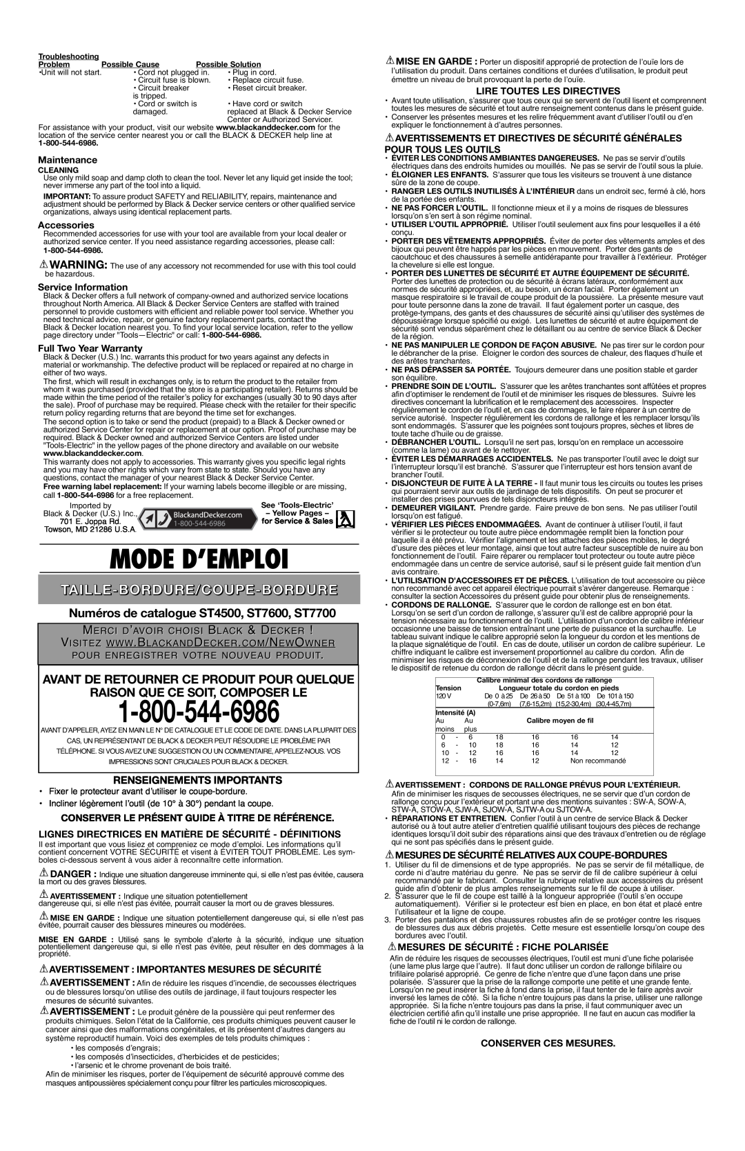 Black & Decker Numéros de catalogue ST4500, ST7600, ST7700, Avant De Retourner Ce Produit Pour Quelque, Maintenance 