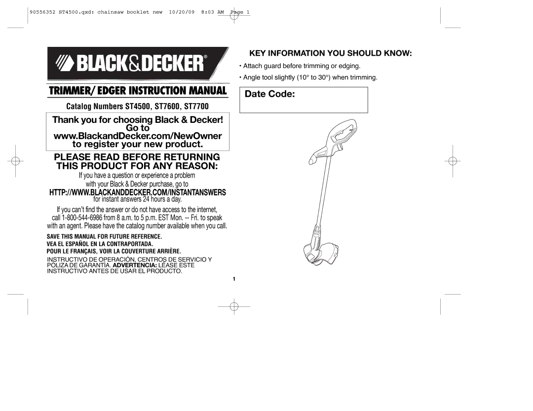 Black & Decker 90556352, ST7700 instruction manual Date Code 