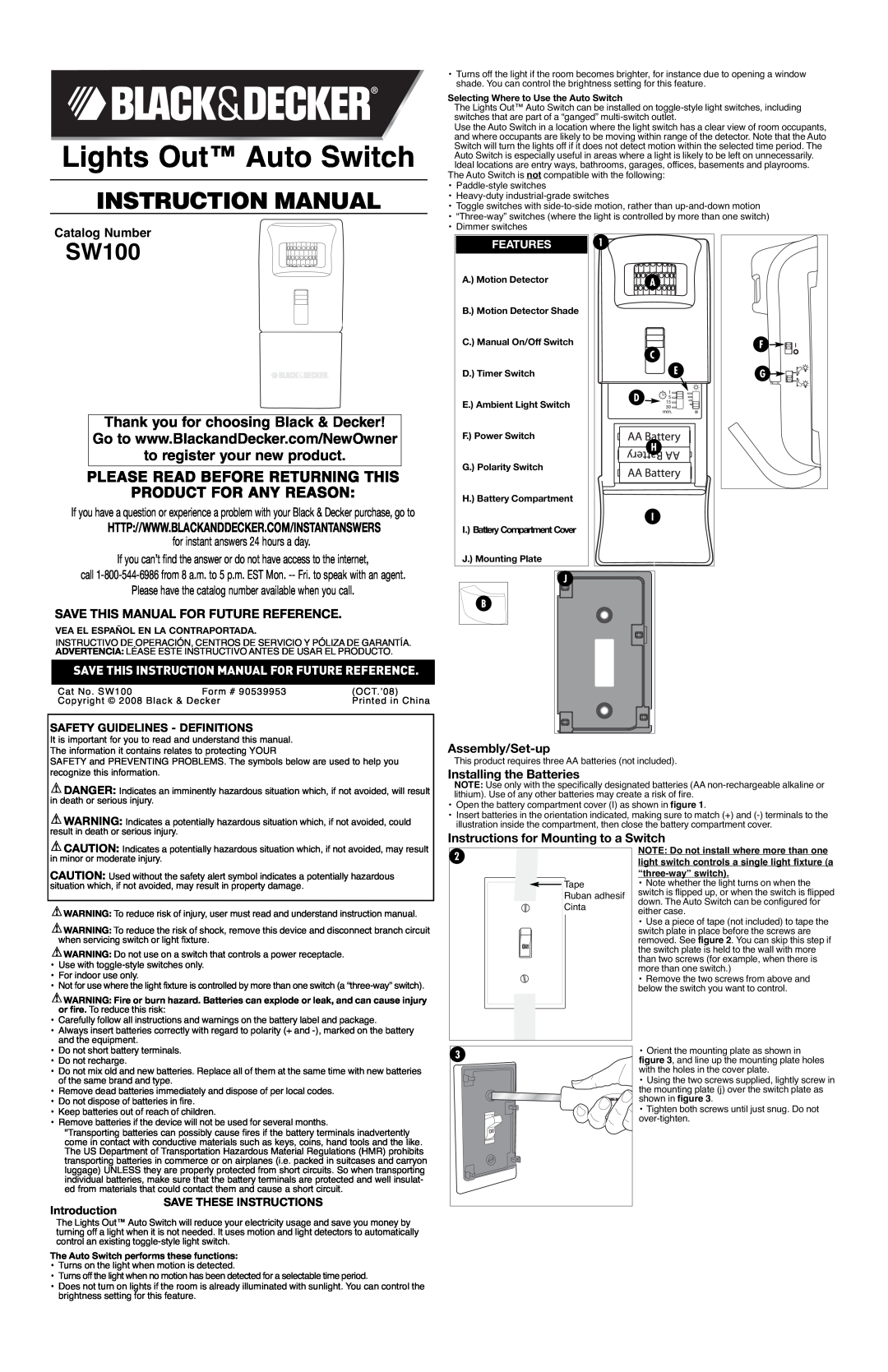 Black & Decker 90539953 instruction manual Lights Out Auto Switch, Instruction Manual, SW100, Assembly/Set-up, Features 