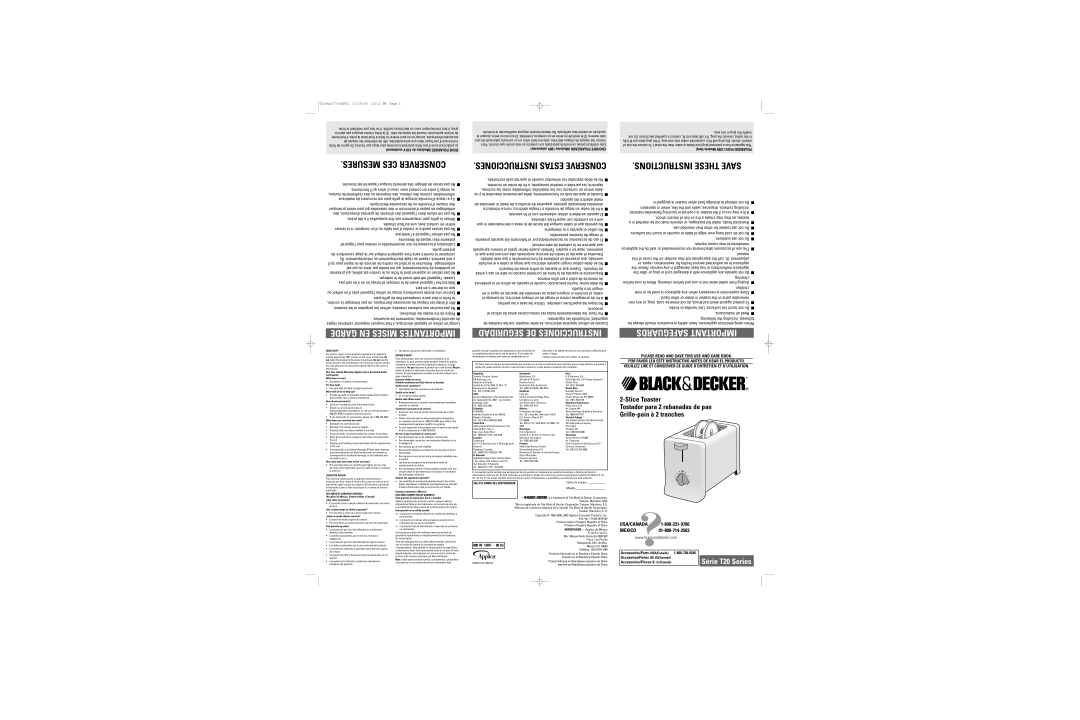 Black & Decker T-20 Series dimensions USA/CANADA MEXICO01-800-714-2503 