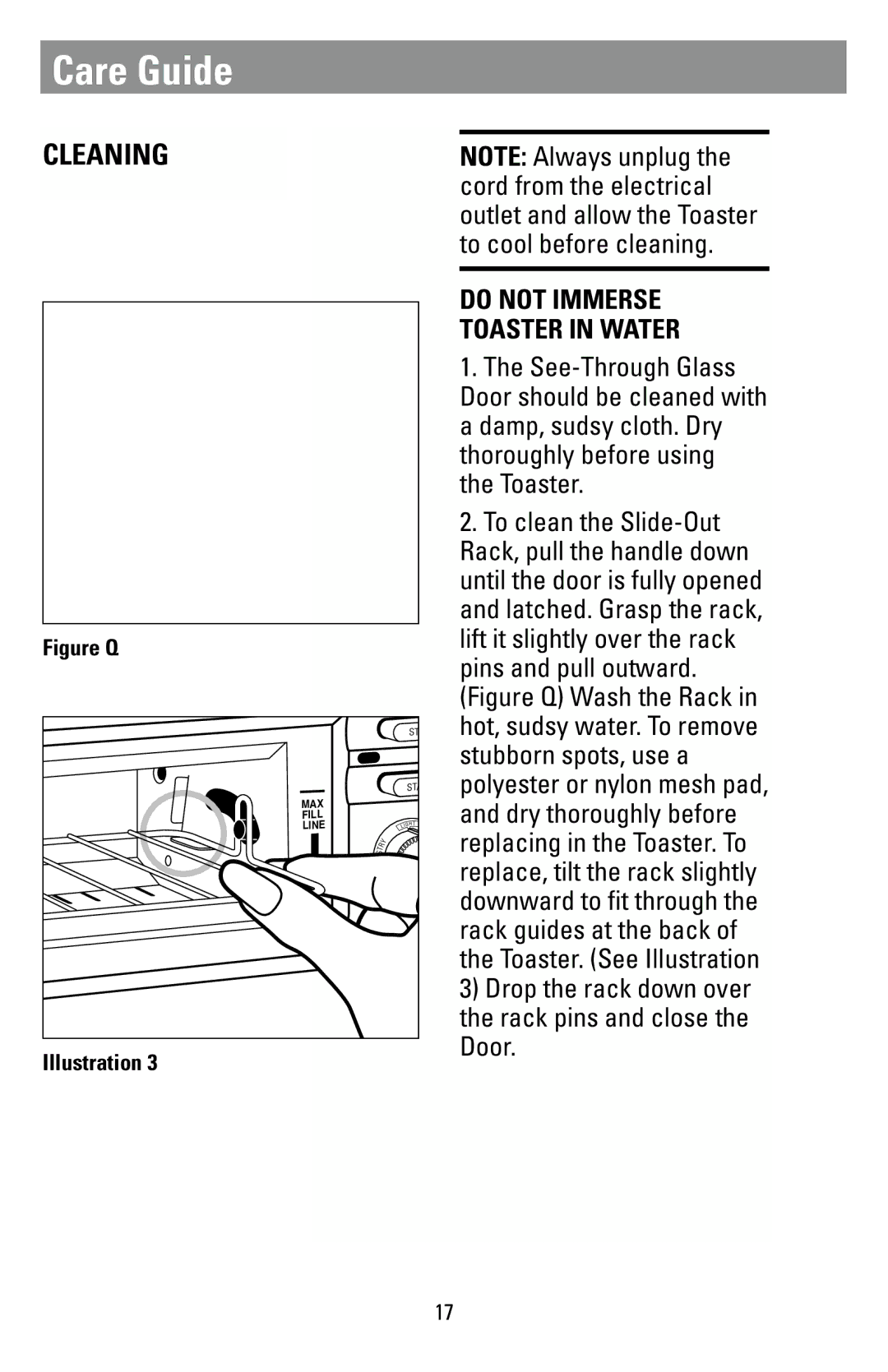 Black & Decker T1000 manual Care Guide, Cleaning, Do not Immerse Toaster in Water 