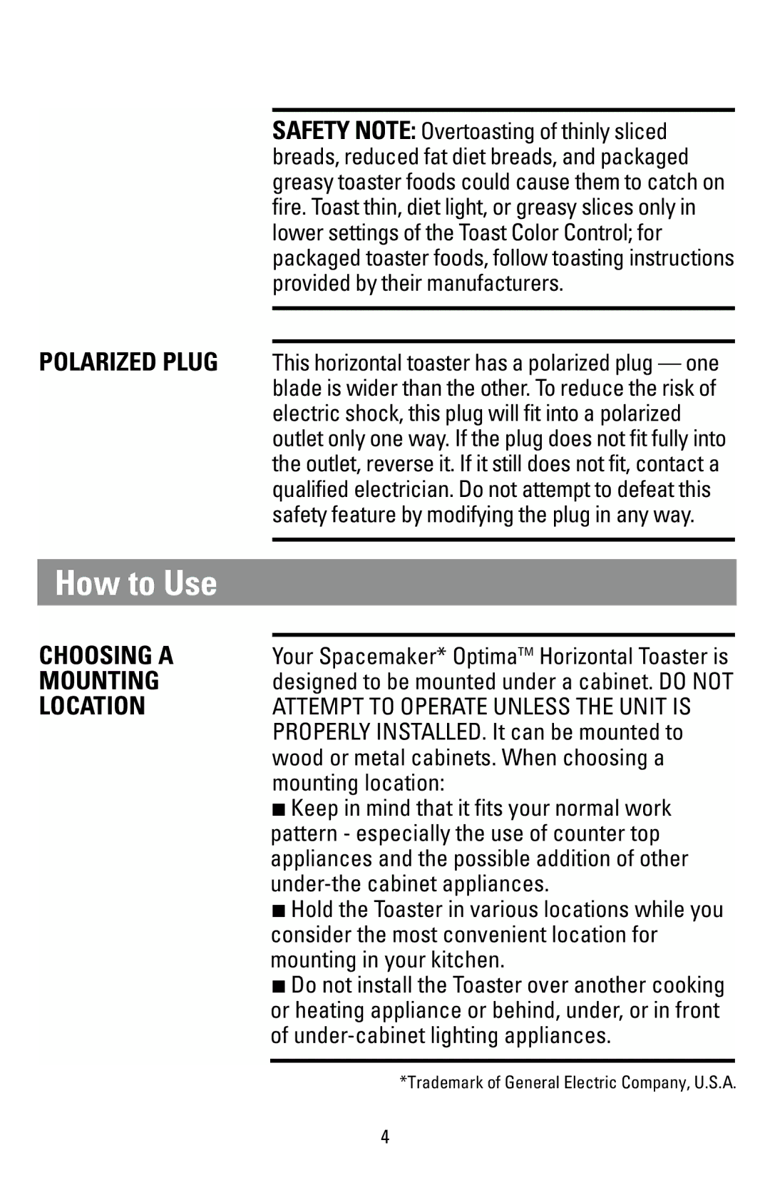 Black & Decker T1000 manual How to Use, Polarized Plug, Choosing a, Mounting, Location 