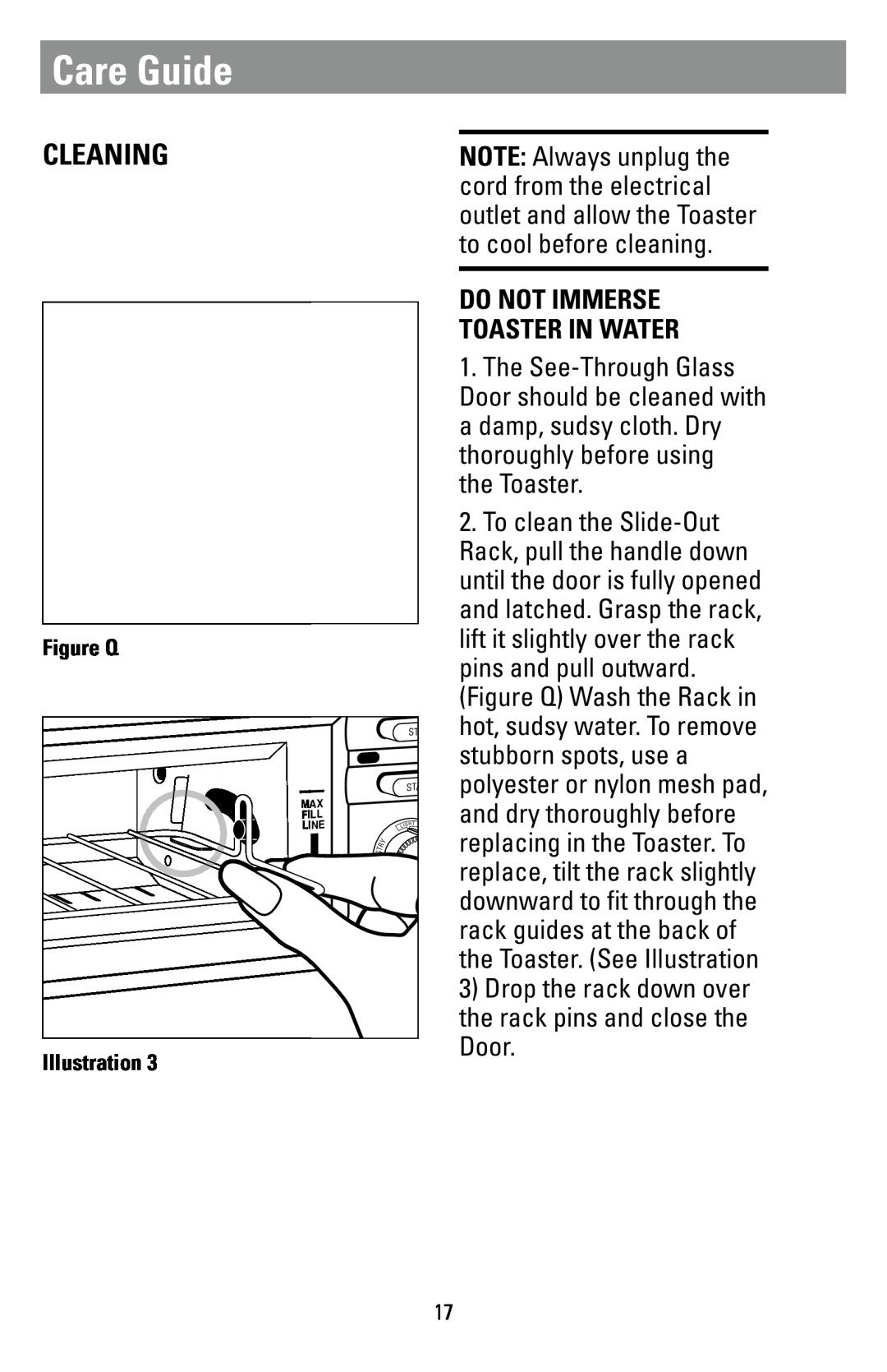Black & Decker T1000 manual Care Guide, Cleaning, Do Not Immerse Toaster In Water 