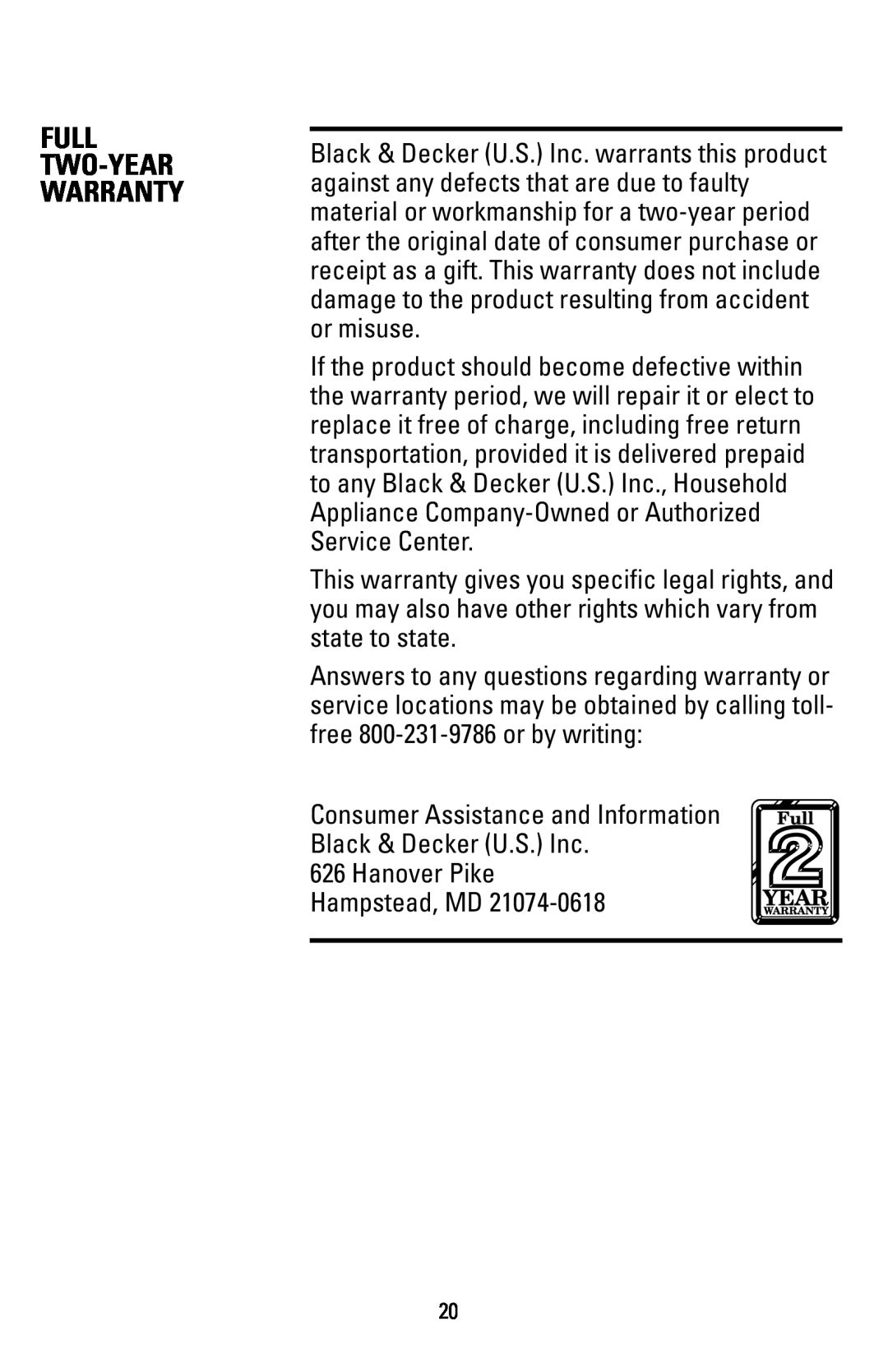 Black & Decker T1000 manual Consumer Assistance and Information Black & Decker U.S. Inc 
