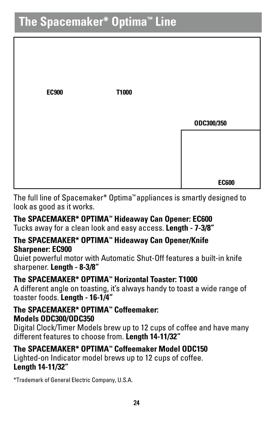 Black & Decker T1000 manual The Spacemaker* Optima Line, The SPACEMAKER* OPTIMA Hideaway Can Opener/Knife Sharpener EC900 