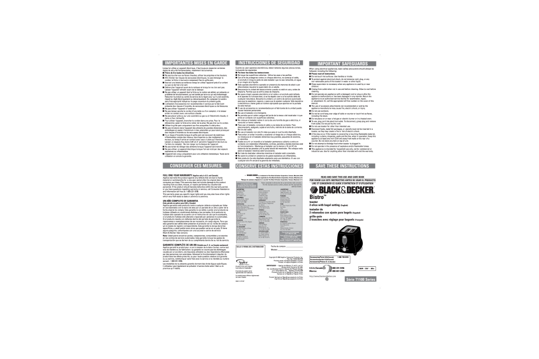 Black & Decker T110B warranty Bistro, Conserver Ces Mesures, Important Safeguards, Save These Instructions, U.S.A./Canada 
