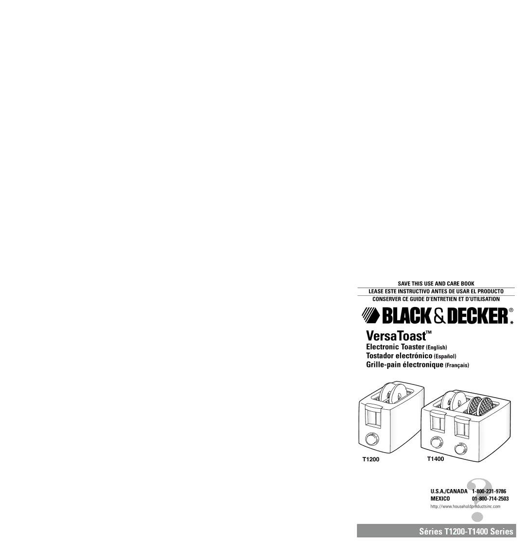 Black & Decker T1400, T1200 dimensions VersaToast, Save this USE and Care Book 