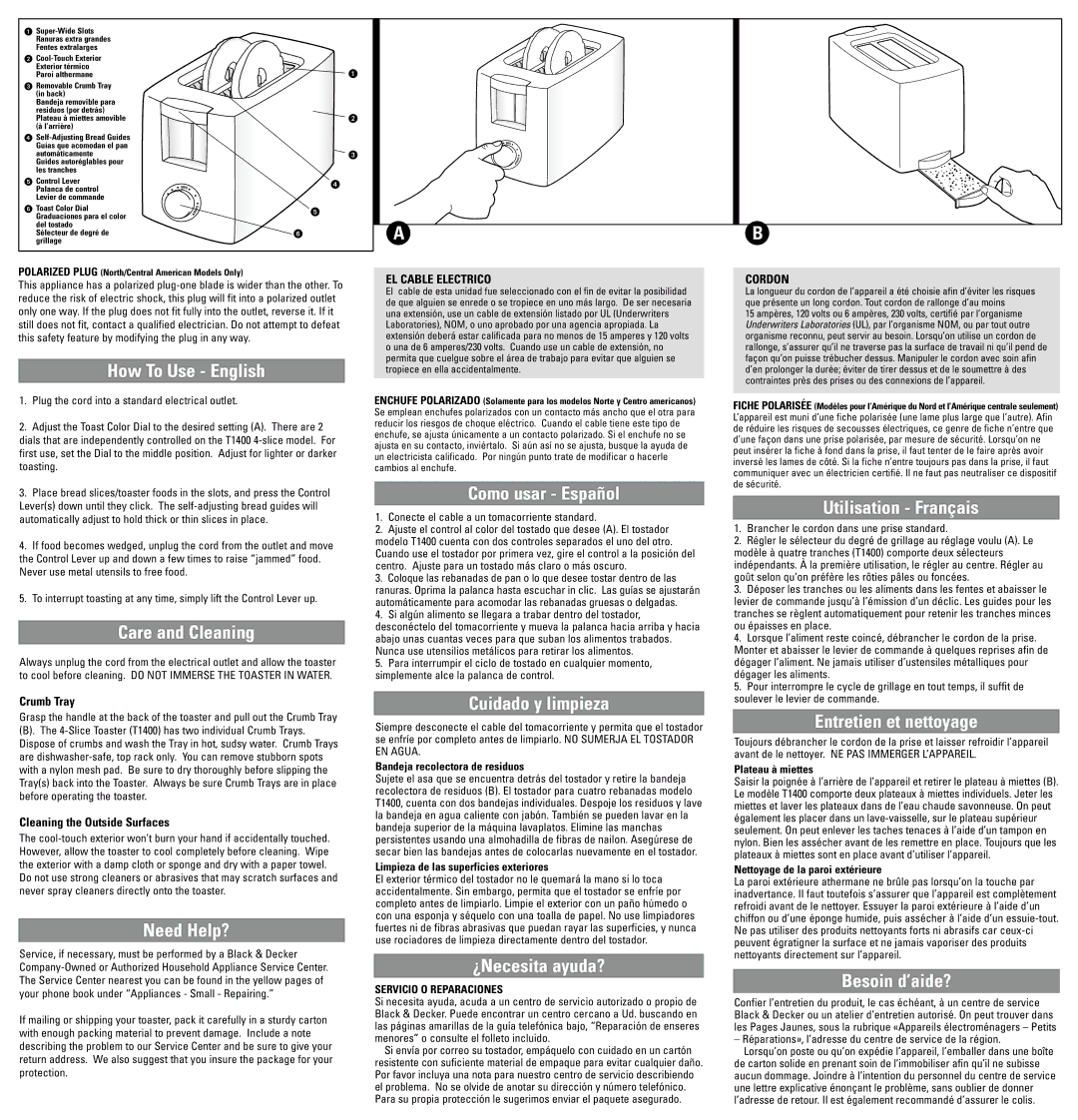 Black & Decker T1400, T1200 dimensions EL Cable Electrico, Cordon, Servicio O Reparaciones 