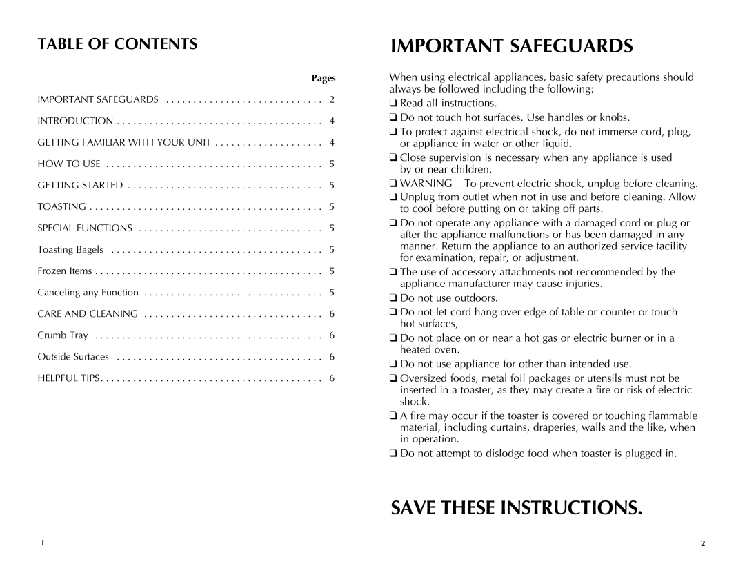 Black & Decker T1700IKT manual Important Safeguards, Table of Contents 