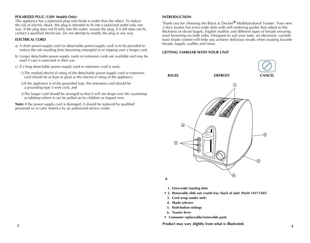 Black & Decker T1700IKT manual Polarized Plug 120V Models Only, Electrical Cord, Introduction 